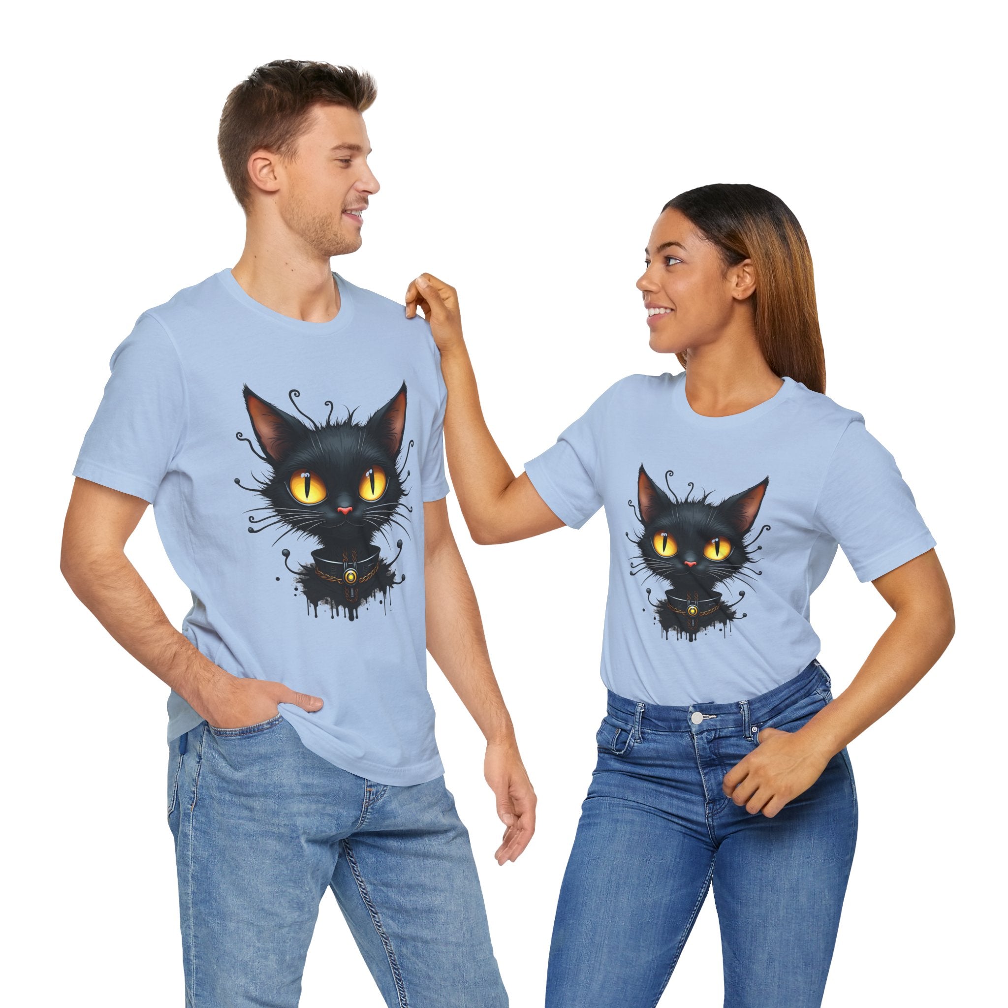 Two people wearing light blue t-shirts with a black cat graphic on a white background