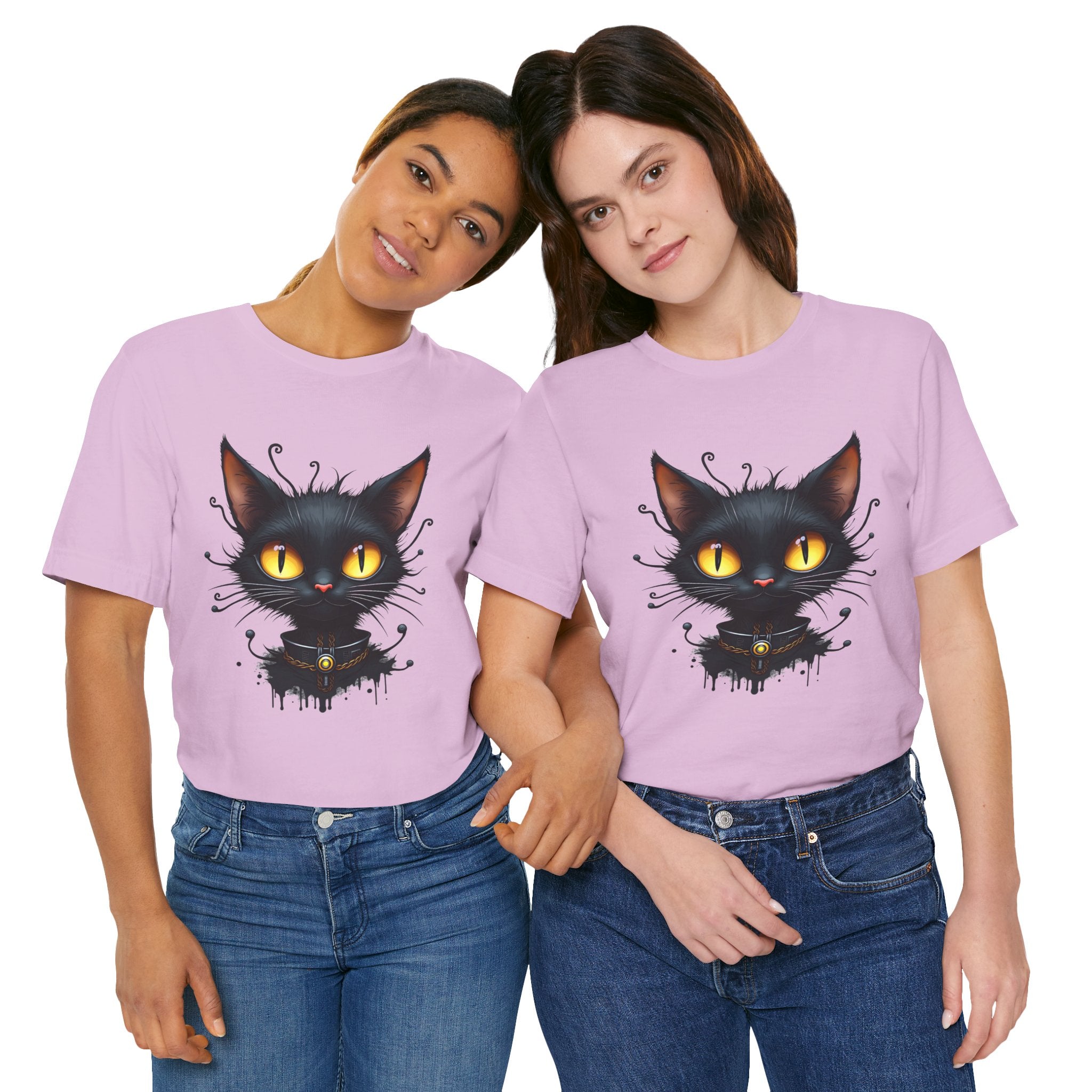 Two people wearing pink t-shirts with a black cat graphic design.