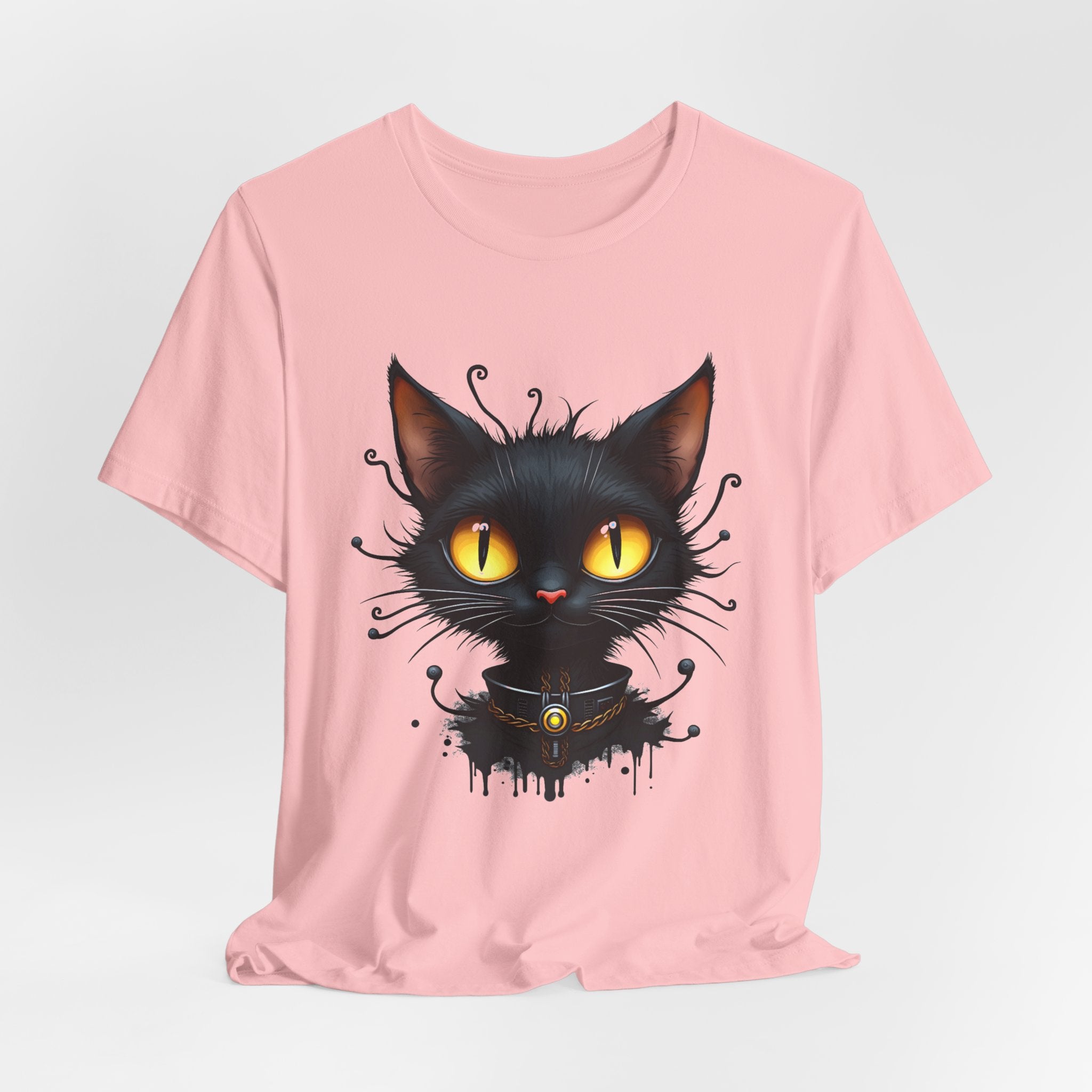 Pink t-shirt with a black cat graphic on a light gray background