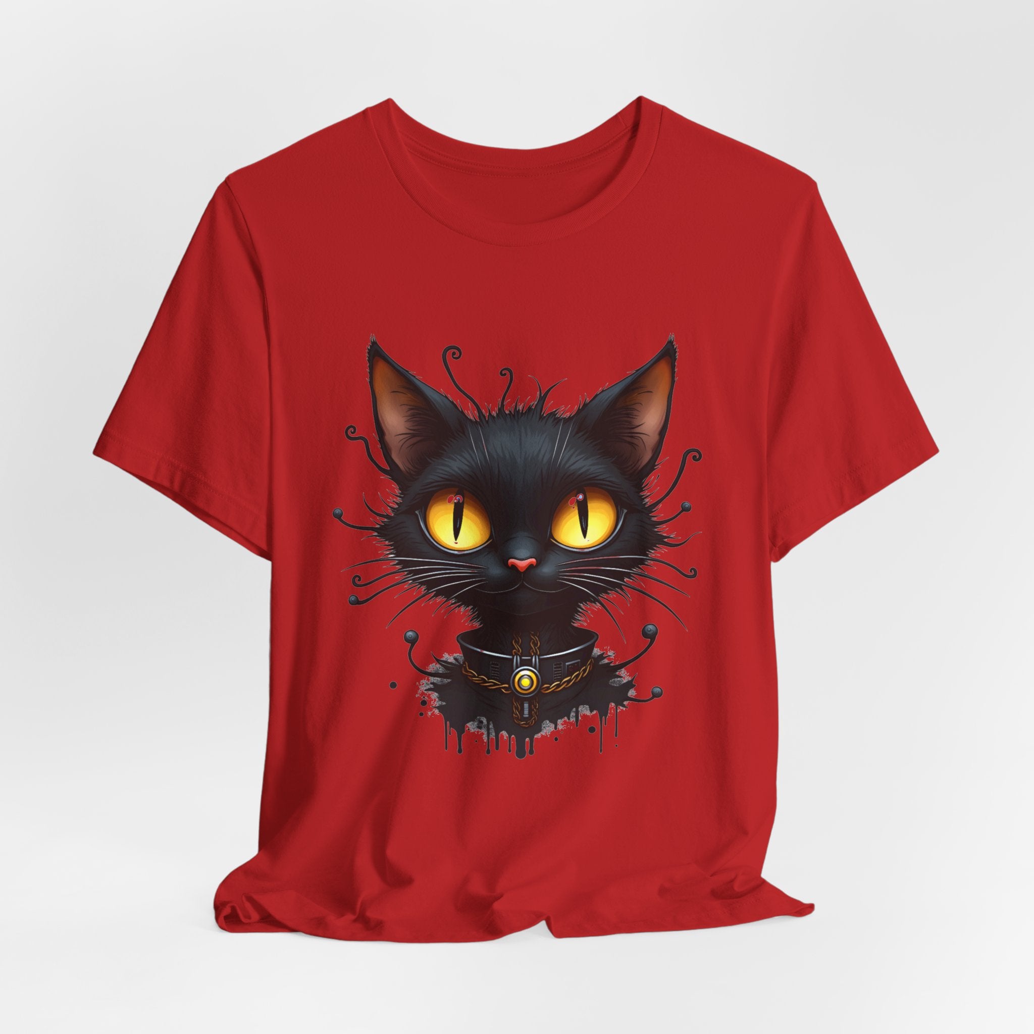 Red t-shirt with a black cat graphic on a white background