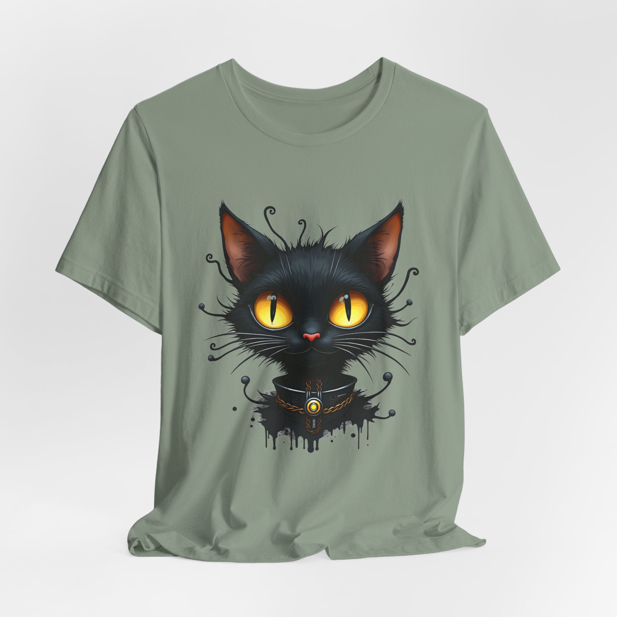 Sage green t-shirt with a black cat graphic on a white background