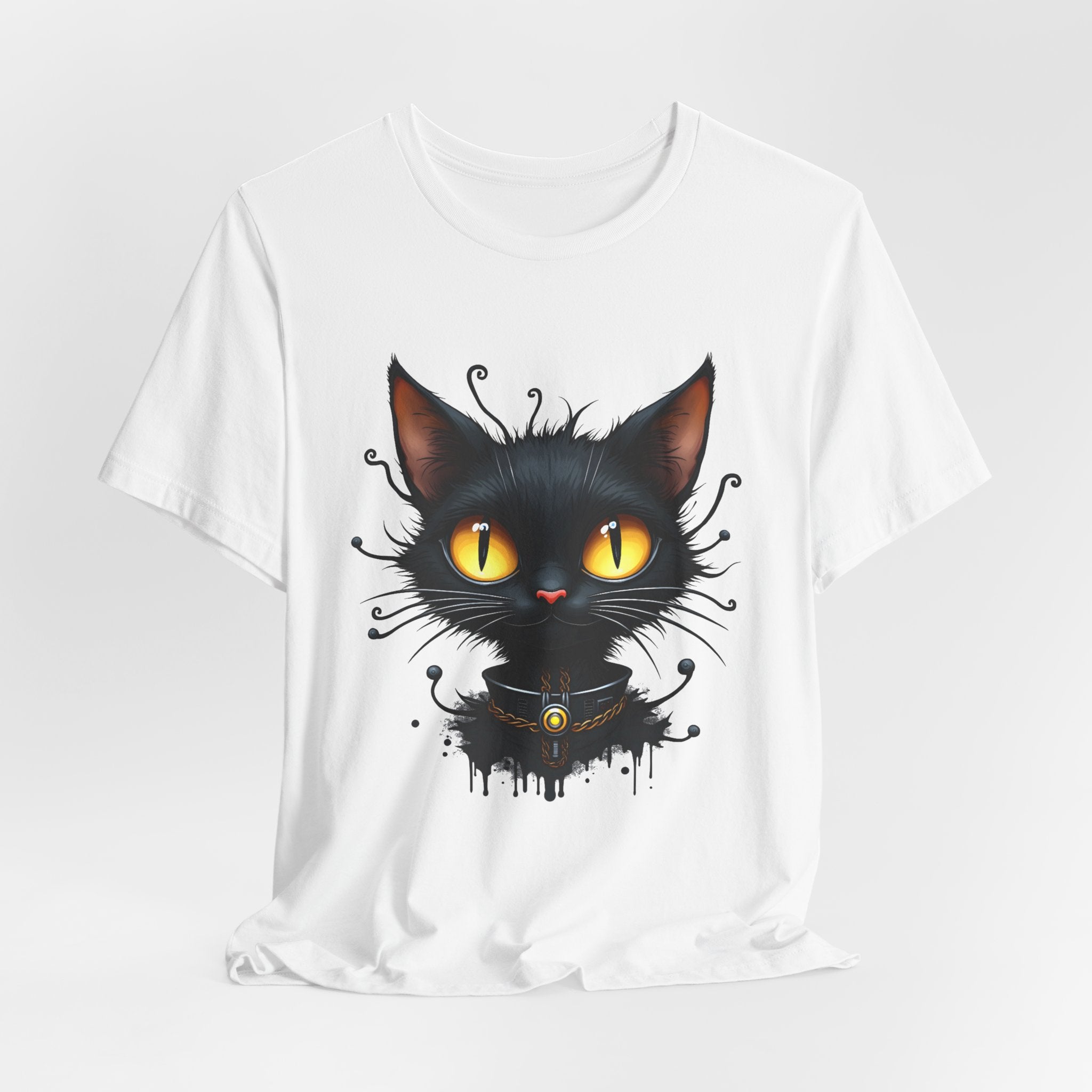 White t-shirt with a black cat graphic on a white background