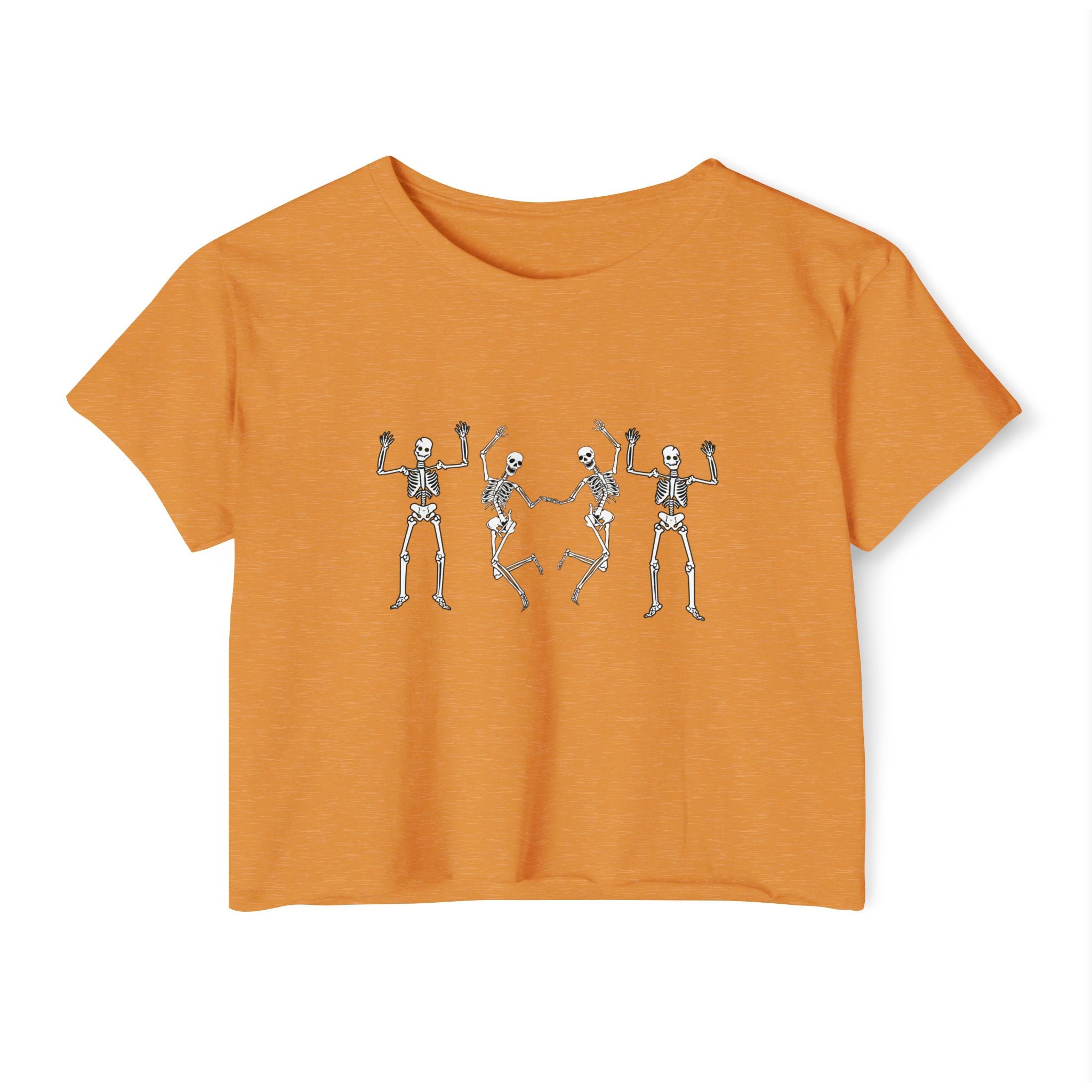 Antique gold orange t-shirt with skeleton design on a white background