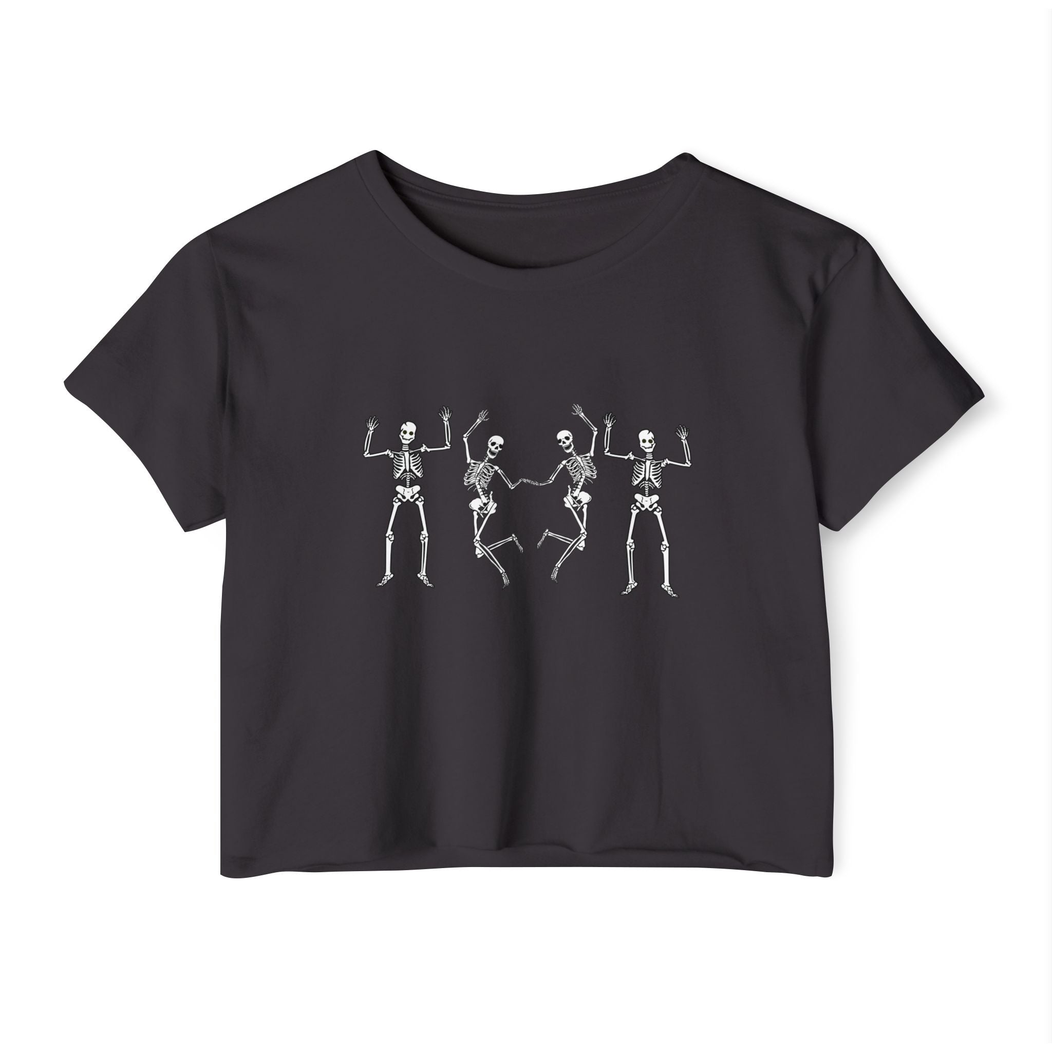 Black t-shirt with white skeleton dancing graphics on a white background