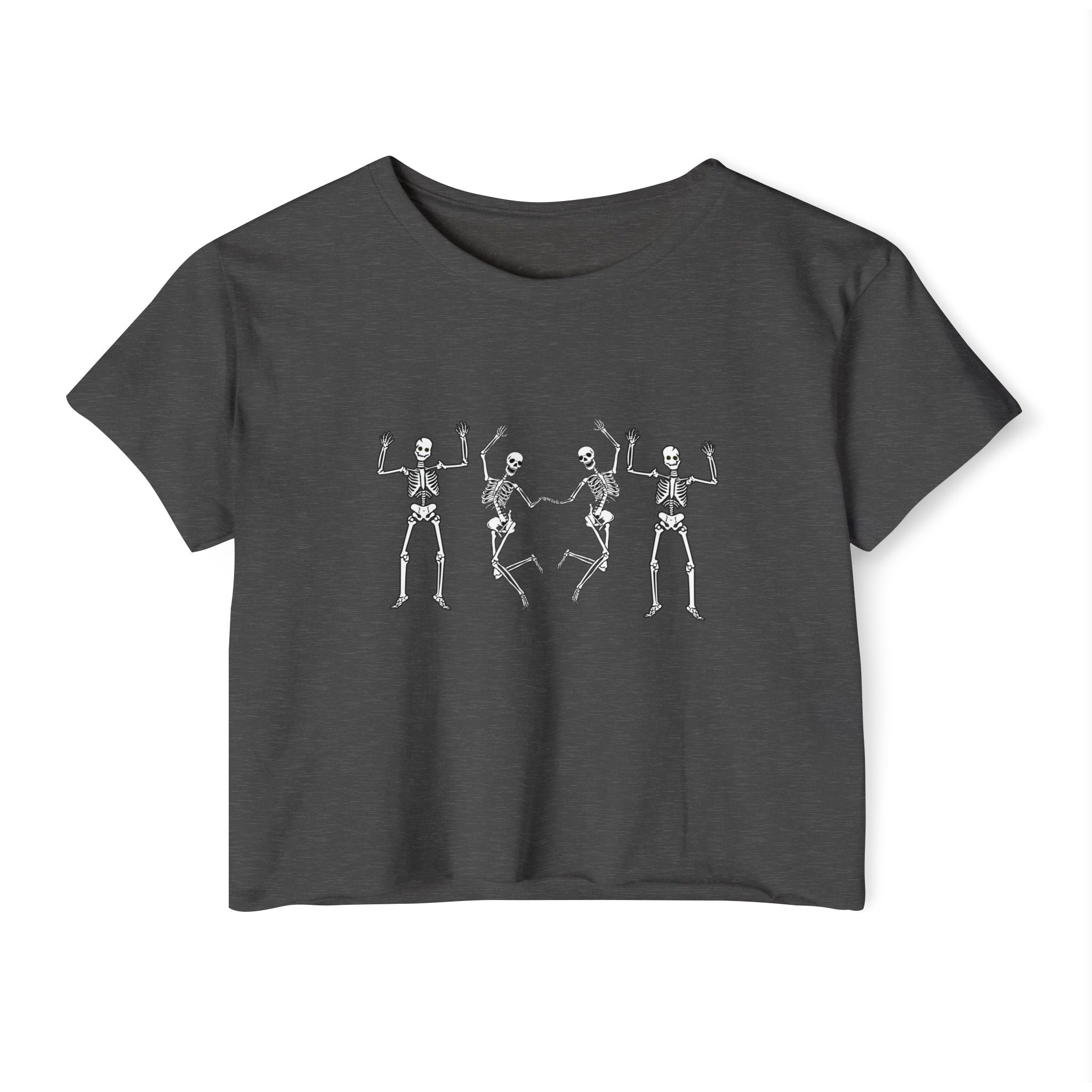 Charcoal gray t-shirt with white skeleton dancing graphics on a white background