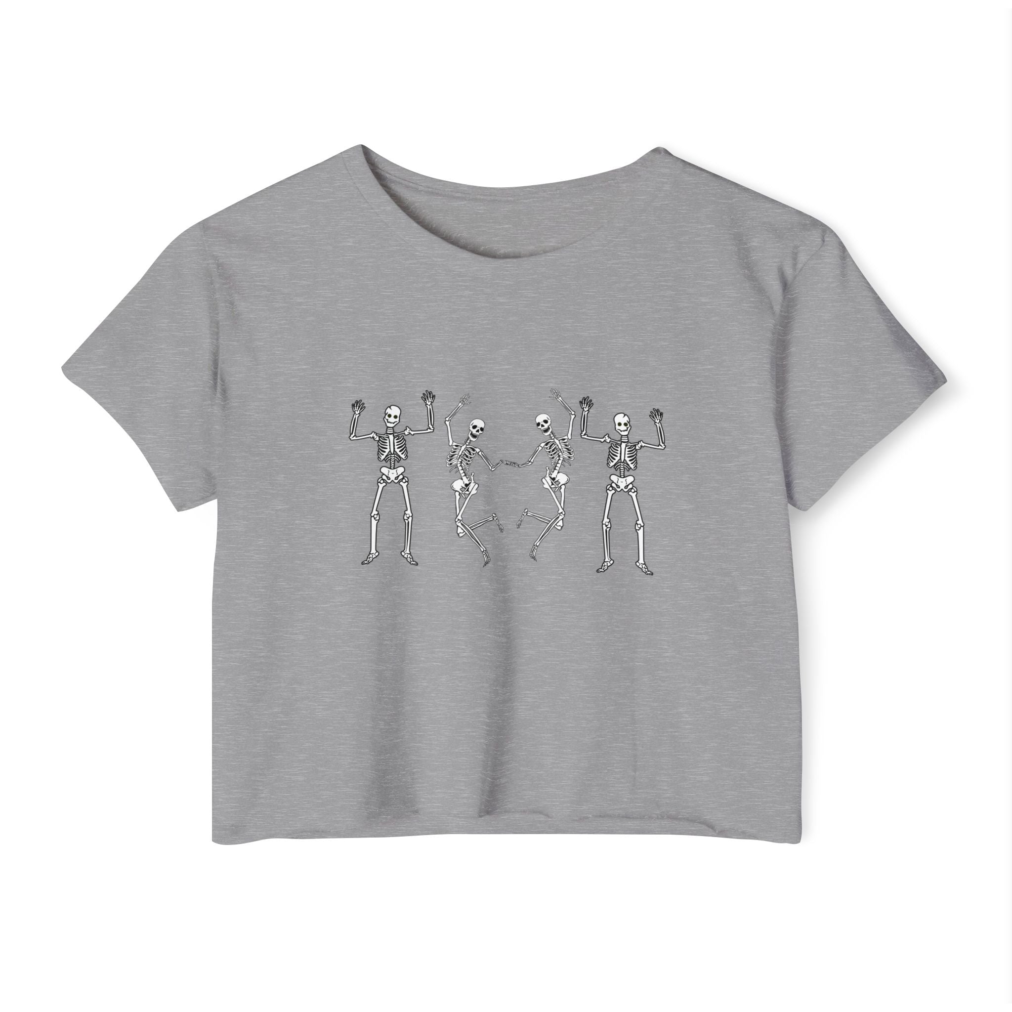 Gray t-shirt with skeleton design on a white background