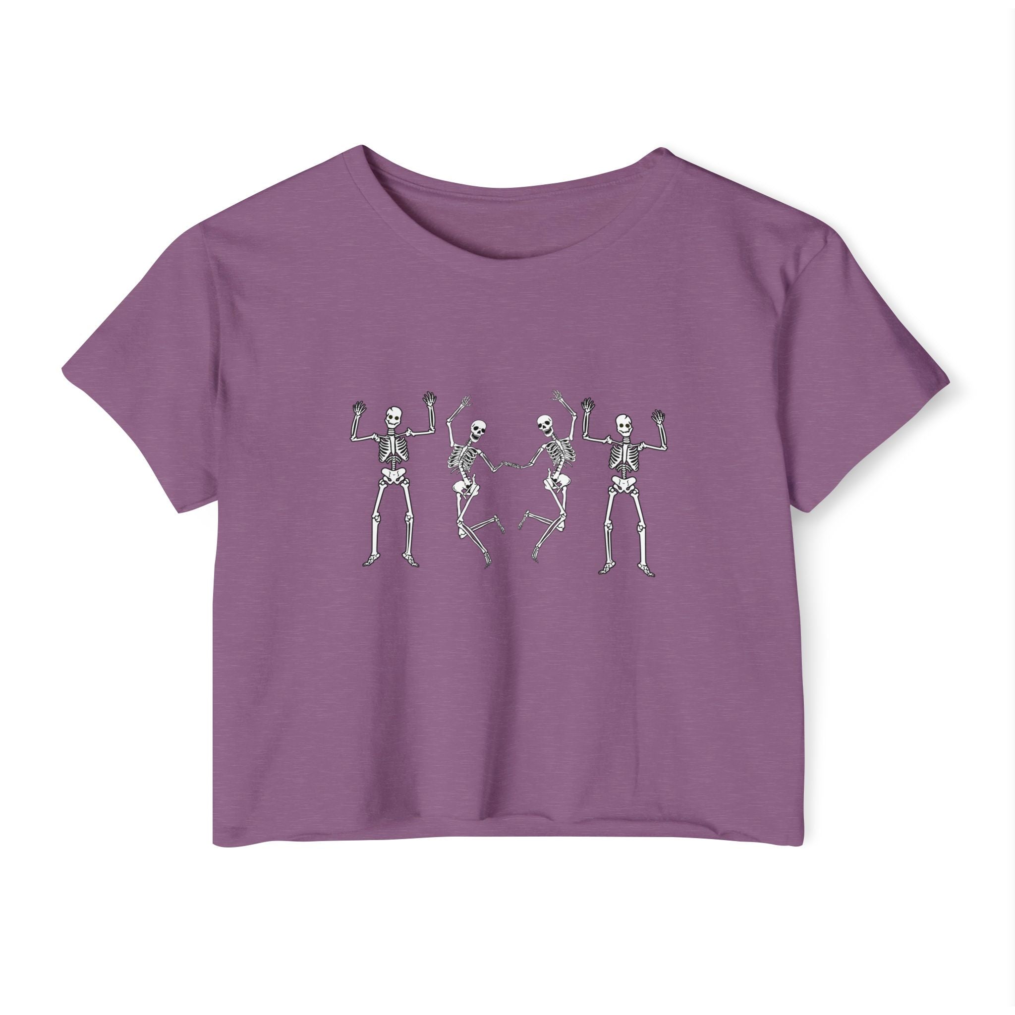 Shiraz purple t-shirt with skeleton design on a white background