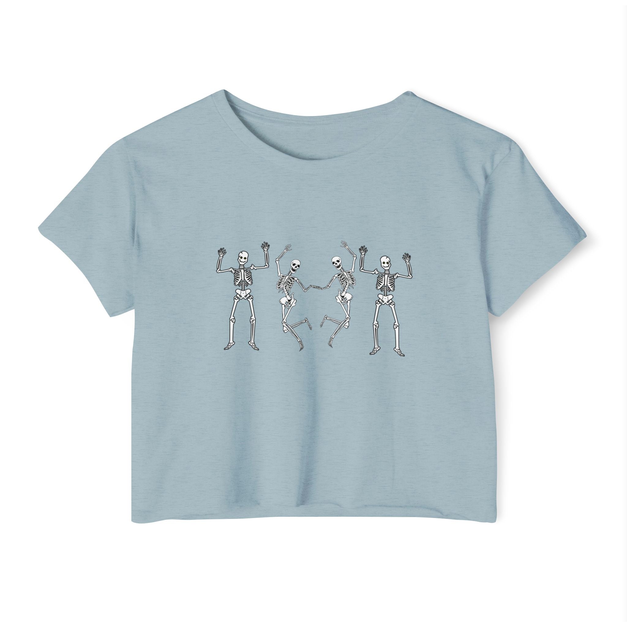 Stonewash denim light blue t-shirt with skeleton designs on a white background