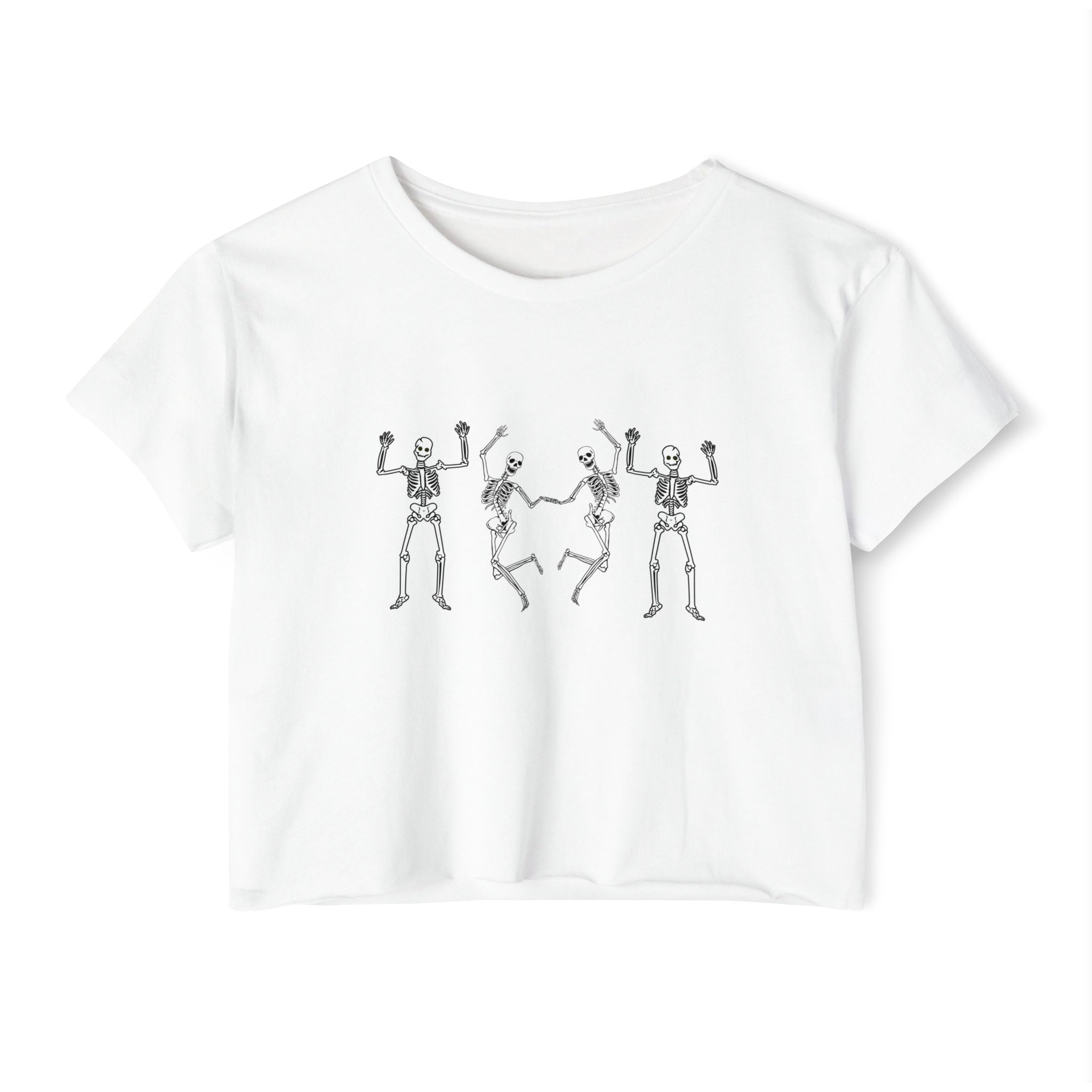 White t-shirt with black skeleton designs on a white background