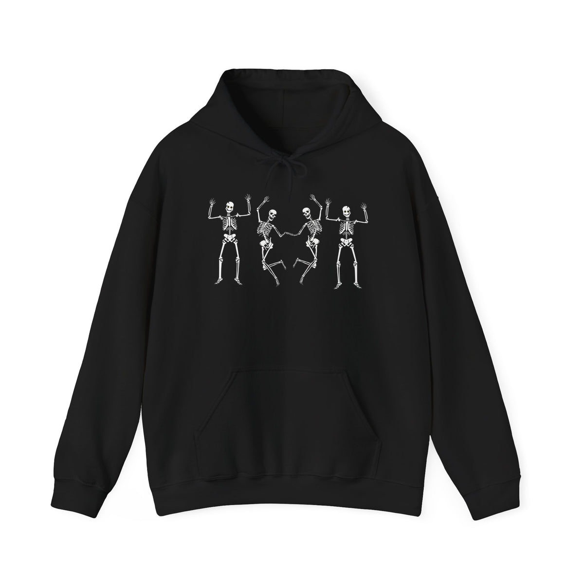 Black hoodie with skeleton design on a white background