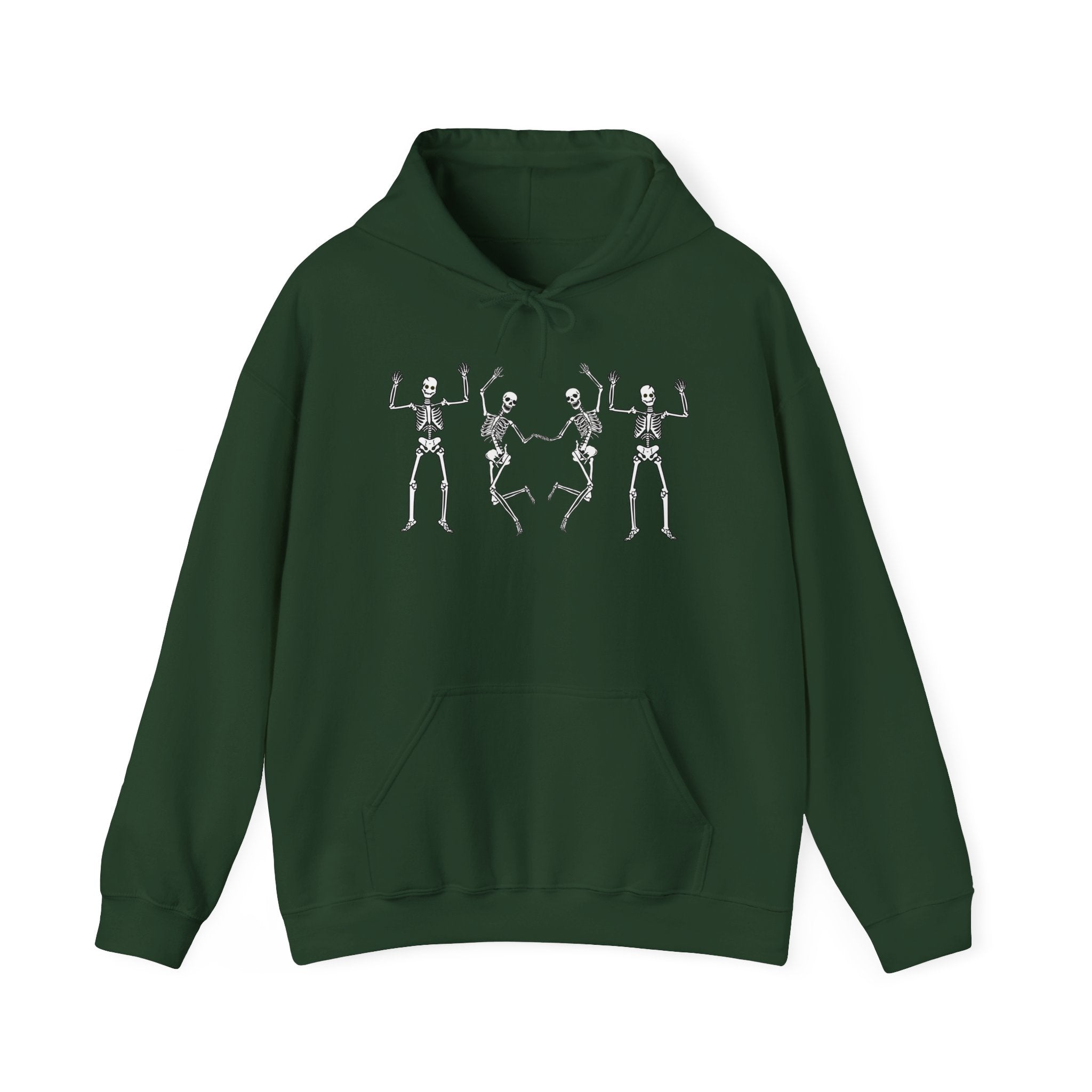 Forest green hoodie with skeleton design on a white background