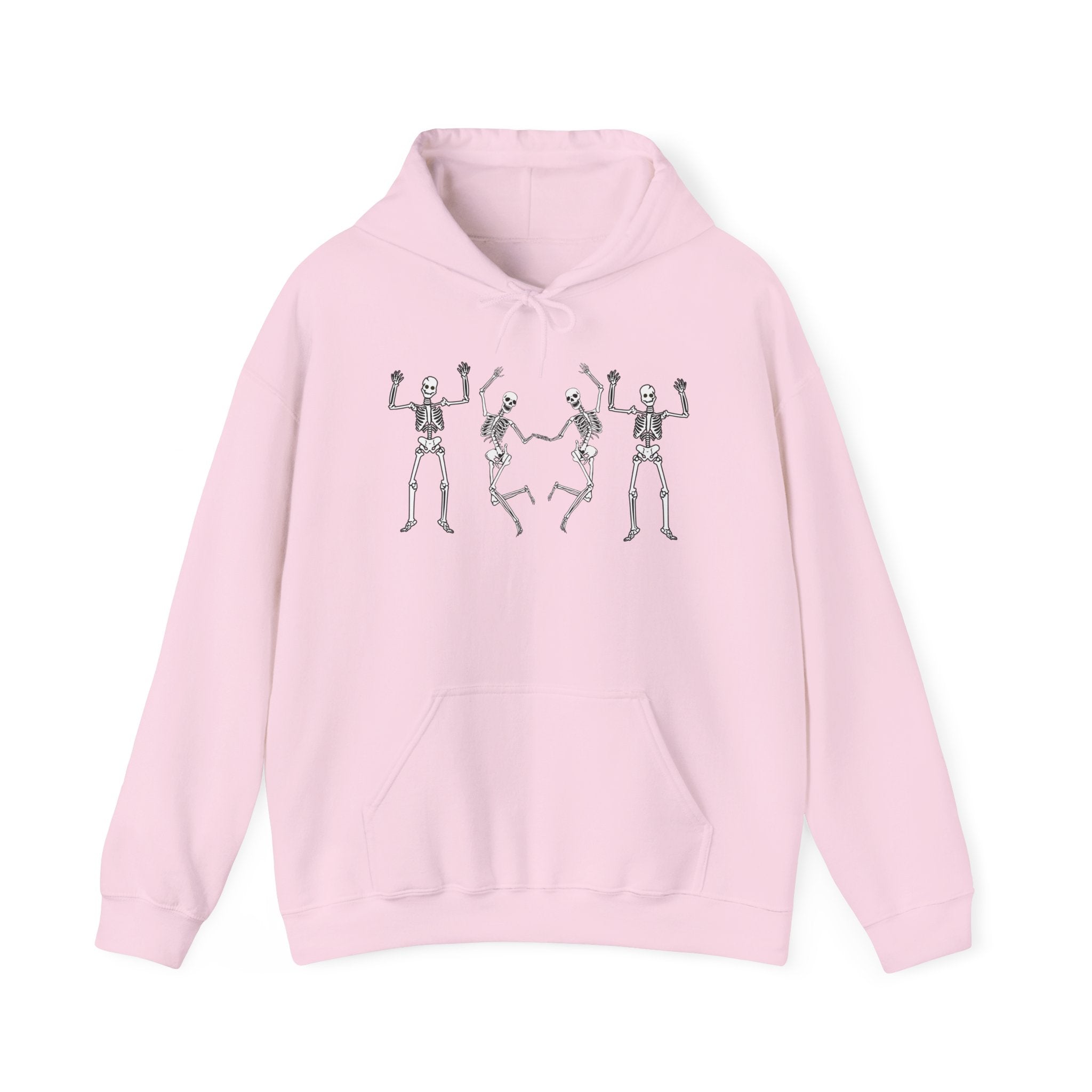 Pink hoodie with skeleton design on a white background