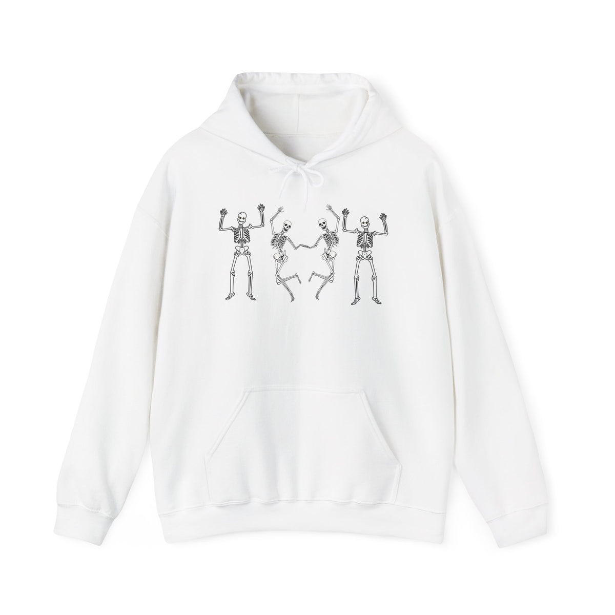 White hoodie with skeleton design on a white background