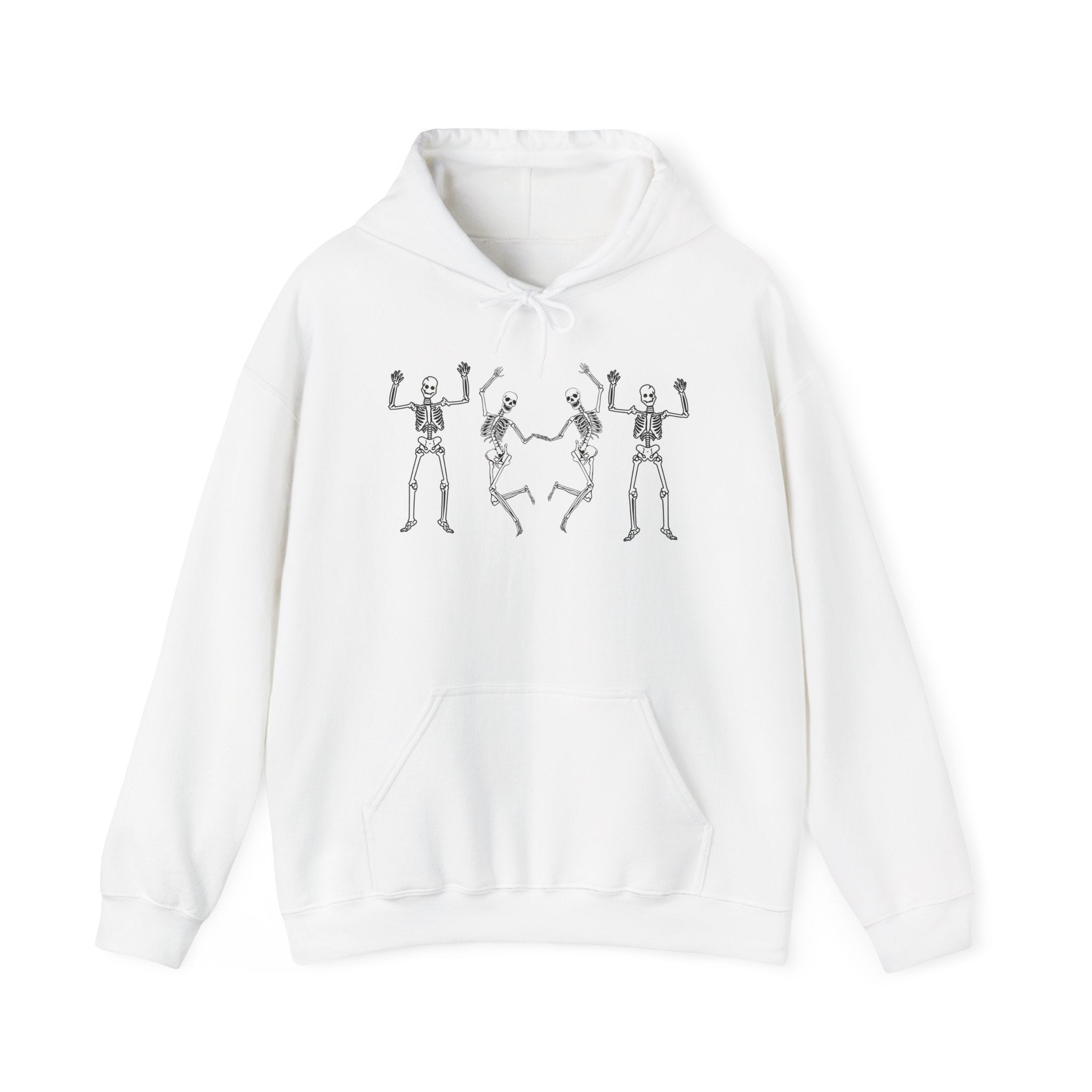 White hoodie with skeleton design on a white background