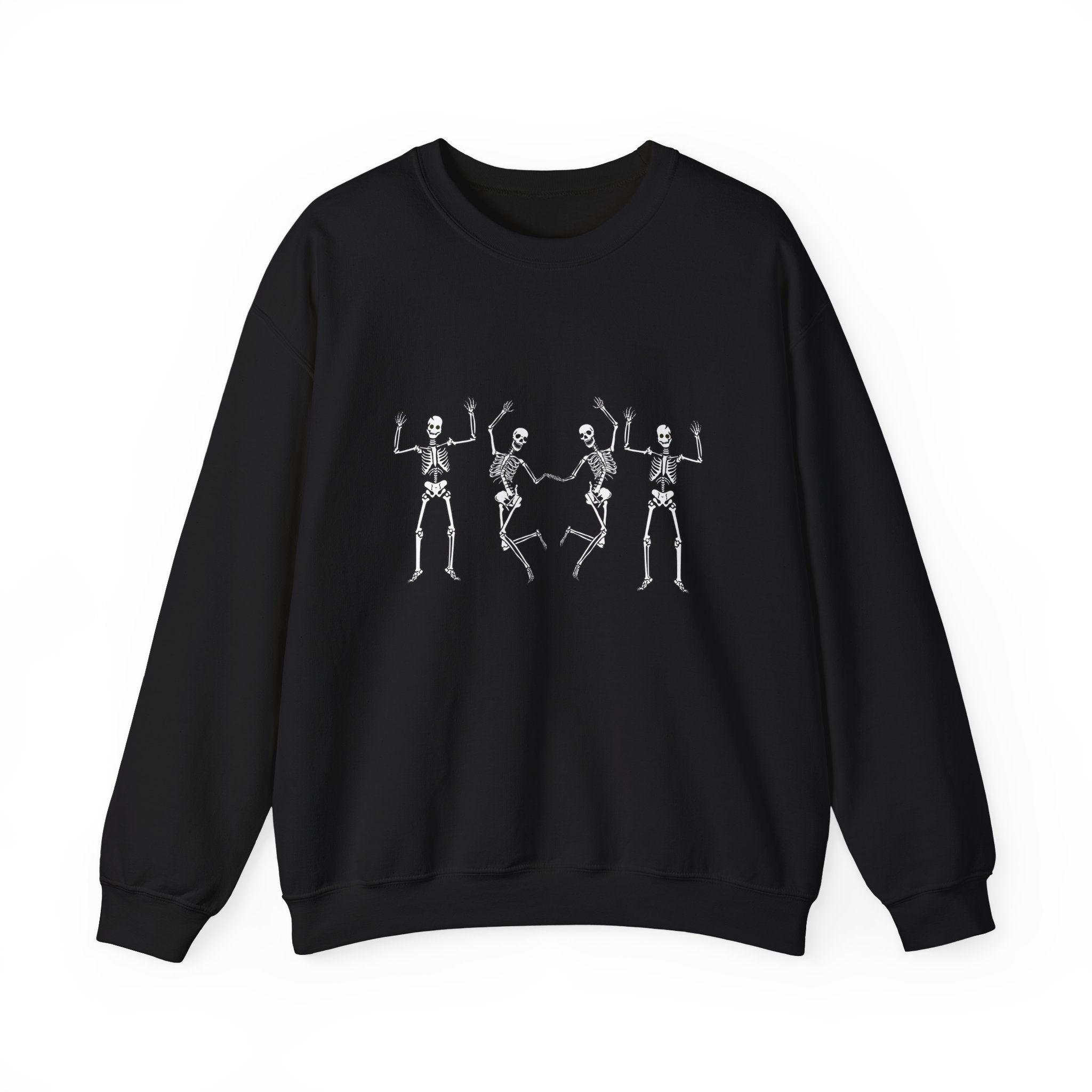 Black sweatshirt with white skeleton design on a white background