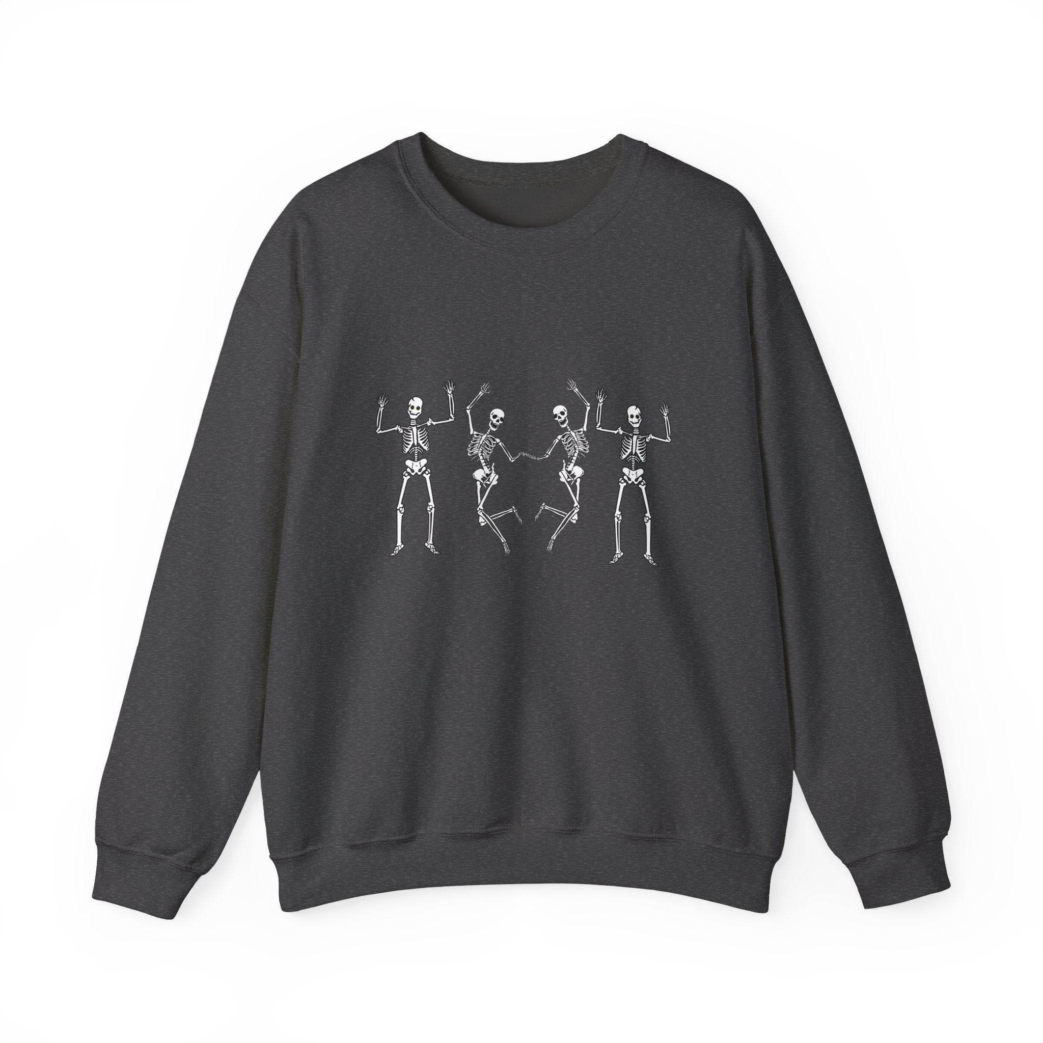 Dark heather gray sweatshirt with skeleton design on a white background