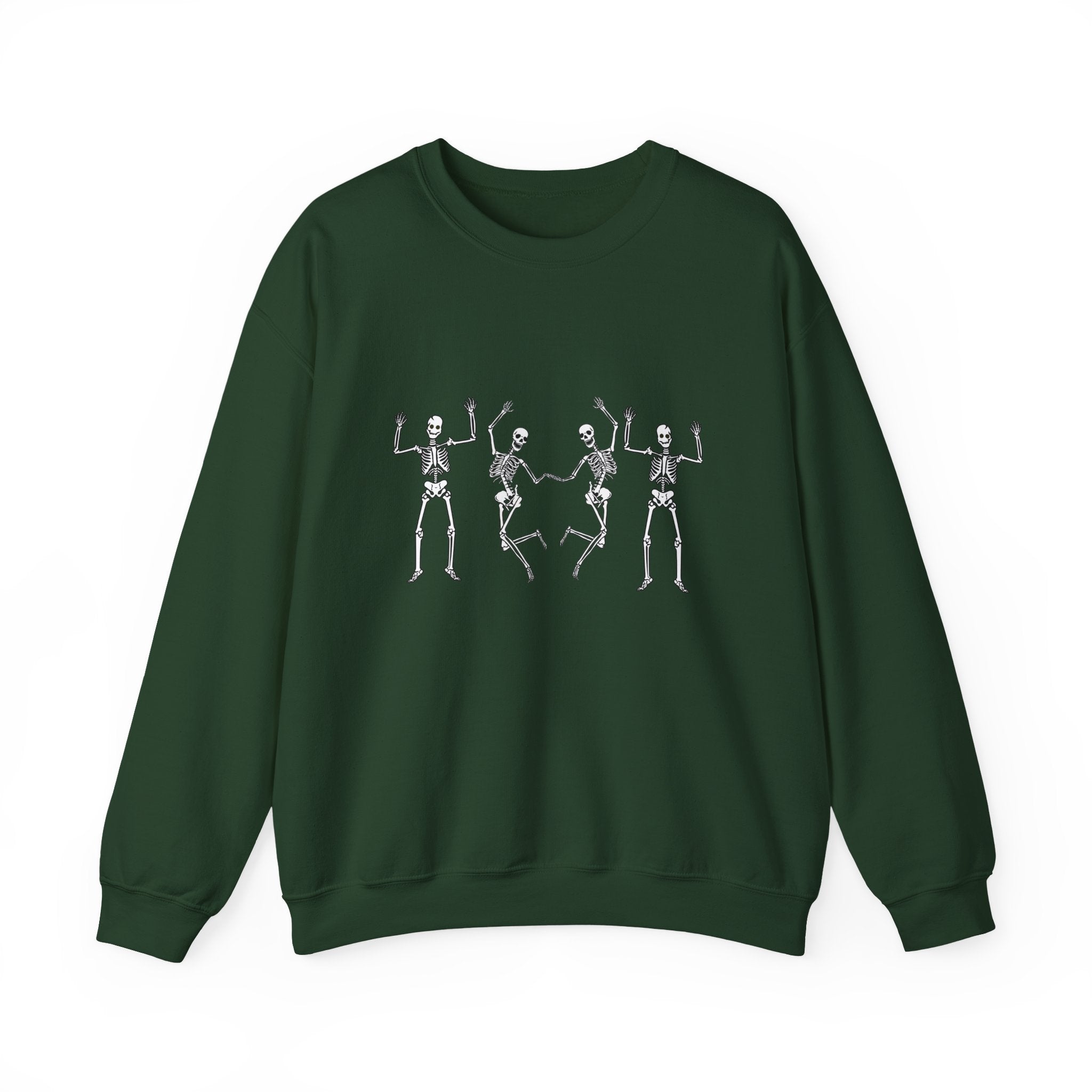 Forest green sweatshirt with skeleton design on a white background