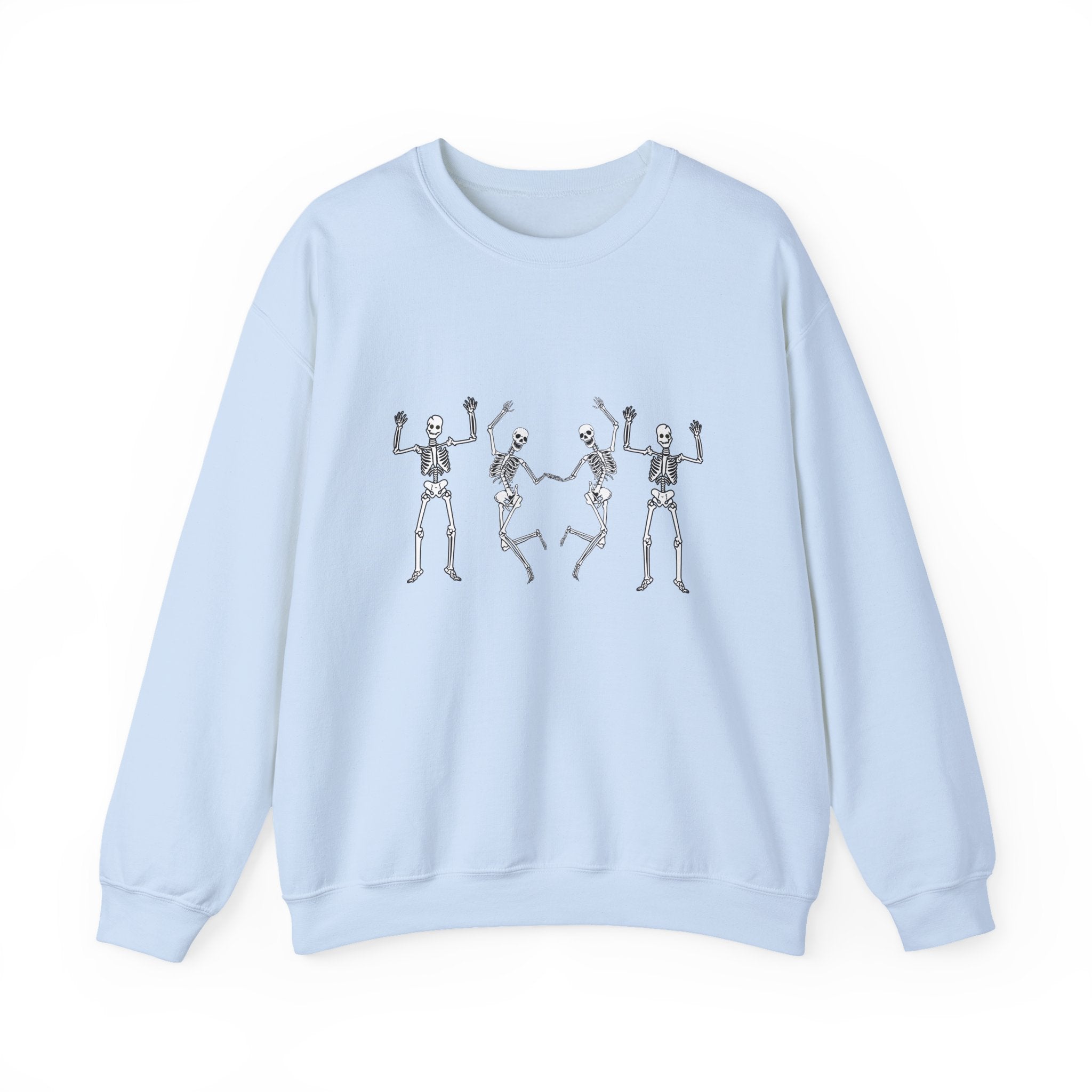 Light blue sweatshirt with skeleton design on a white background