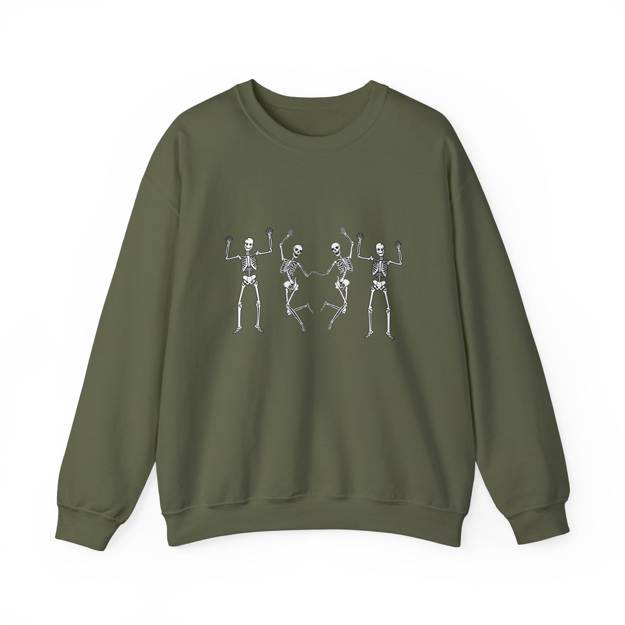 Military green sweatshirt with skeleton design on a white background