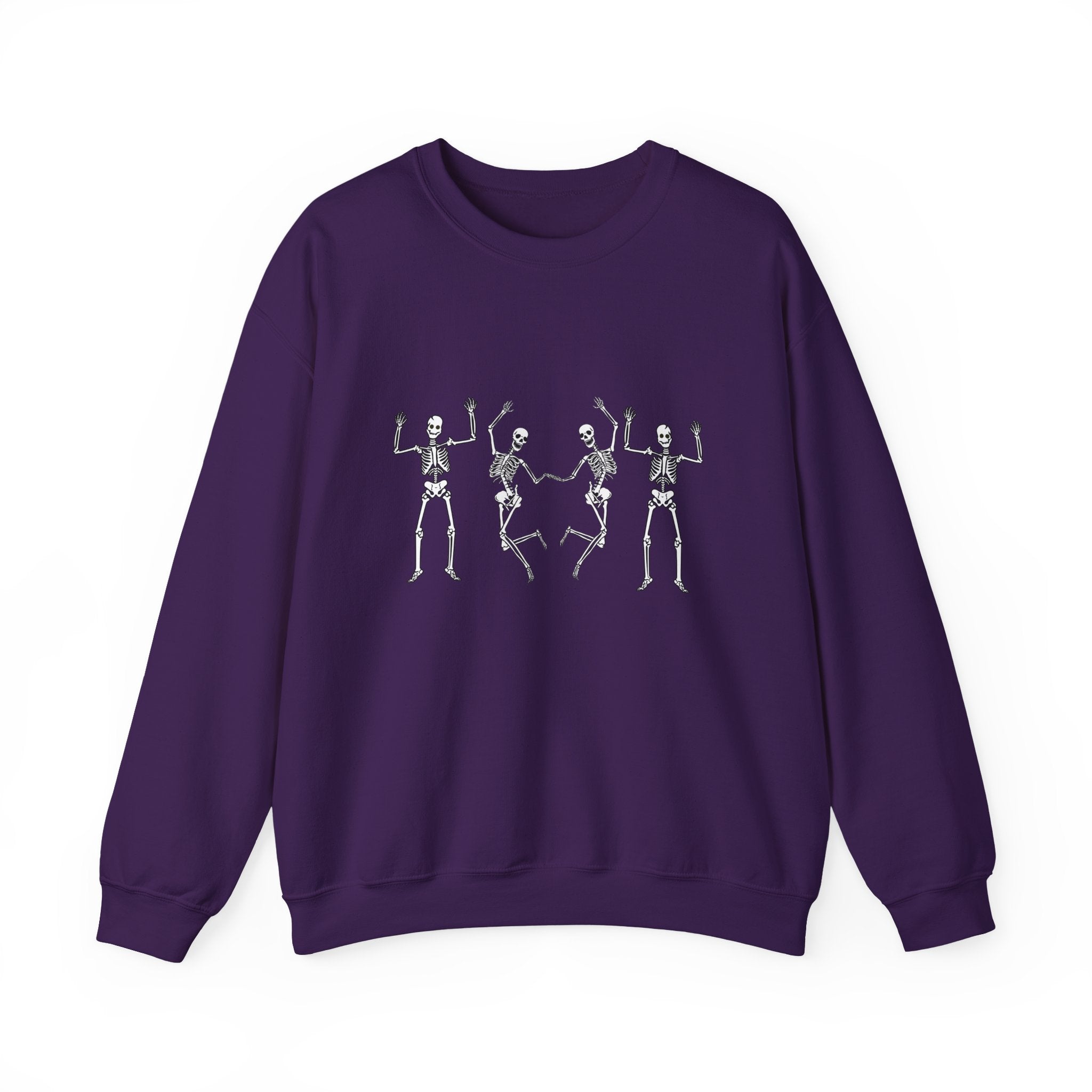 Purple sweatshirt with skeleton design on a white background