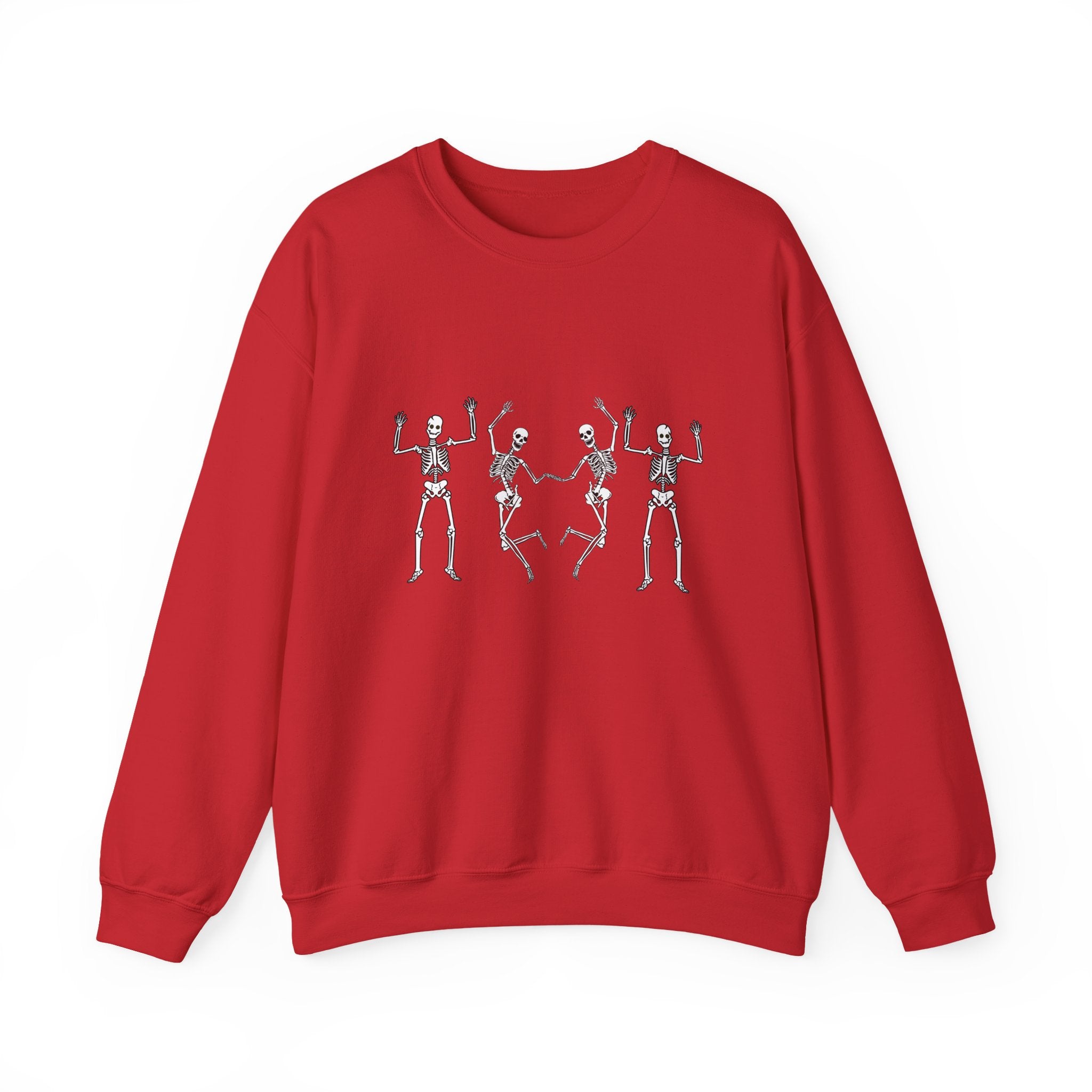 Red sweatshirt with skeleton design on a white background