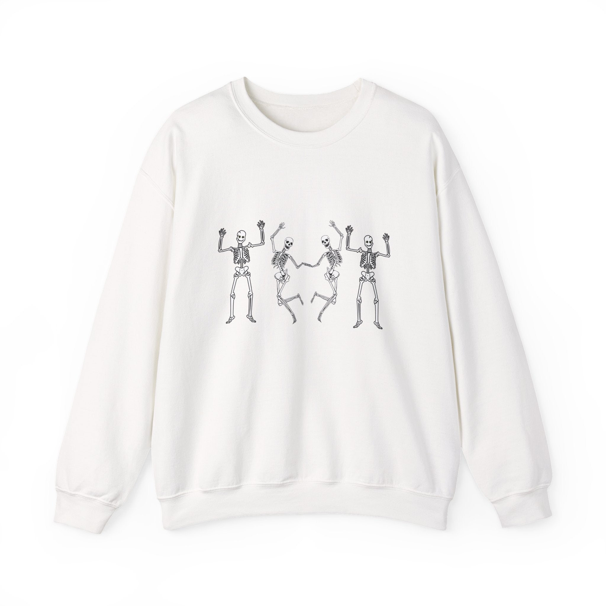 White sweatshirt with black skeleton designs on a white background