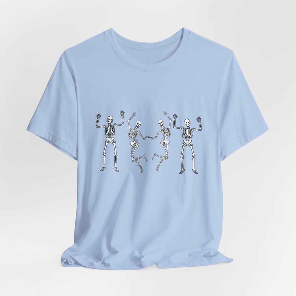 Light blue t-shirt with dancing skeletons graphic on a light gray background