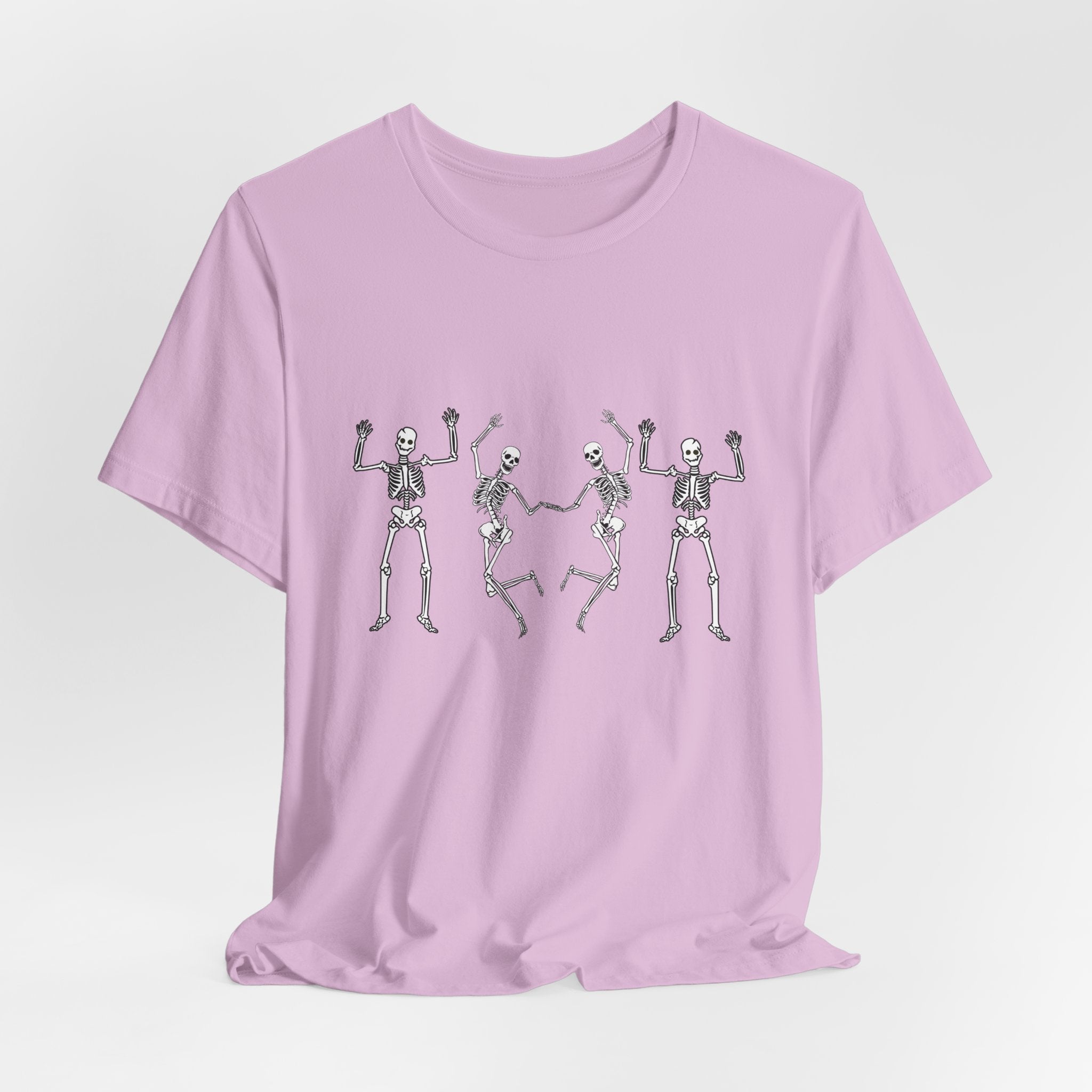 Lilac pink t-shirt with skeleton designs on a white background