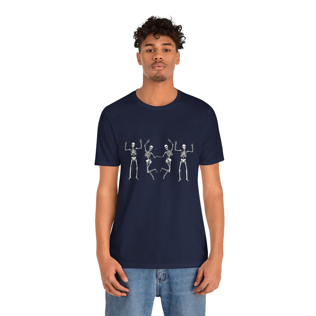 Person wearing a navy blue t-shirt with skeleton designs on a white background