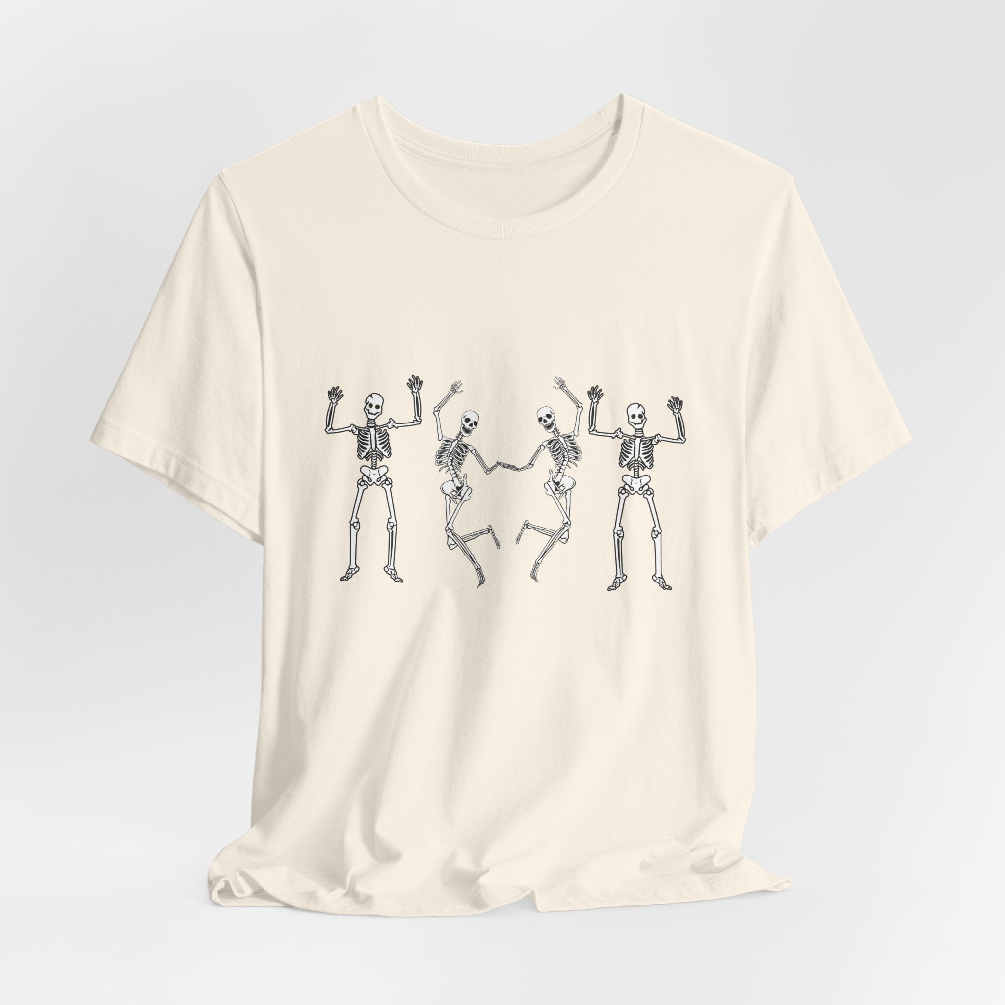 Natural beige t-shirt with skeleton design on a light gray background
