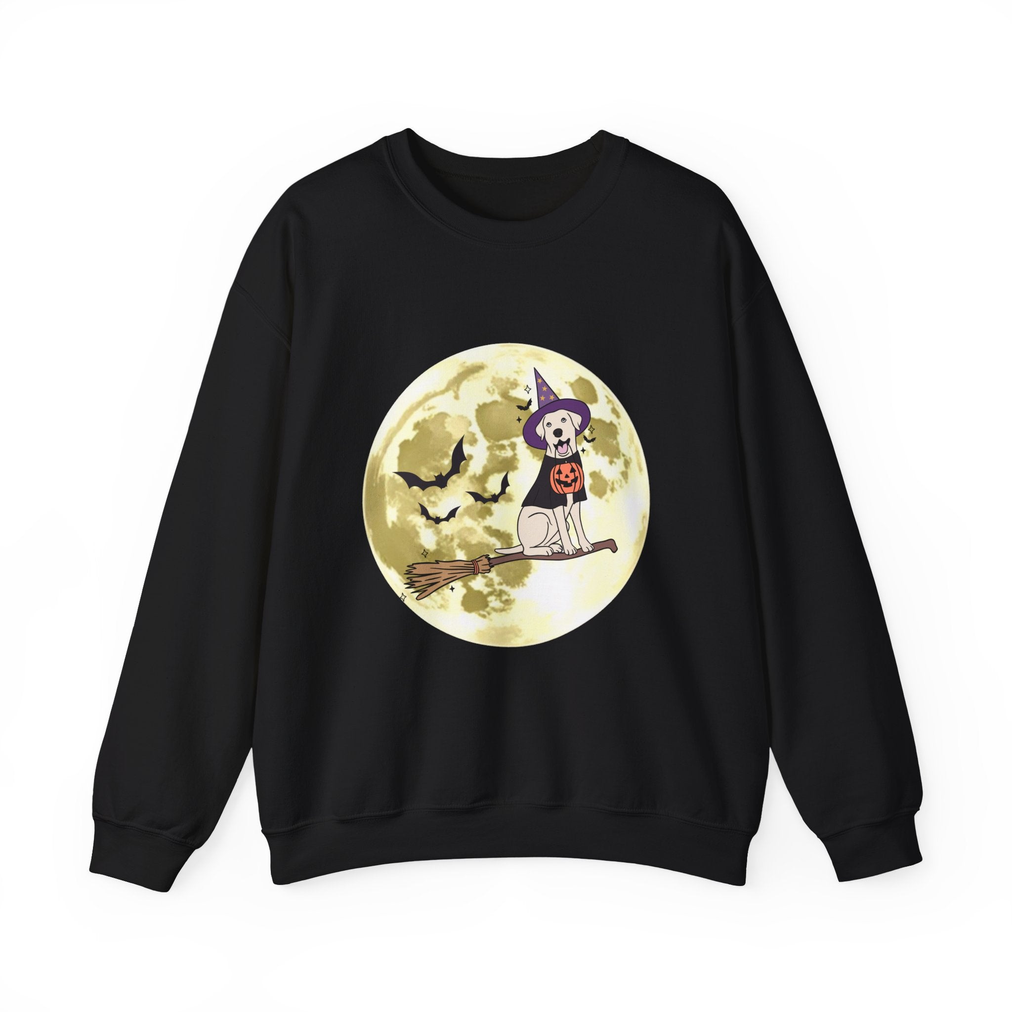 Black sweatshirt with Halloween-themed design featuring a dog in a witch costume on a full moon background.