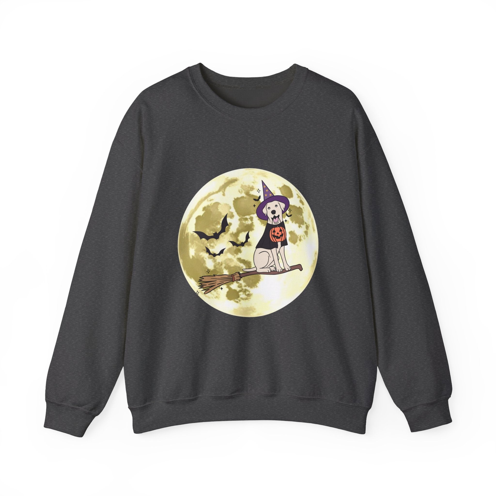 Dark heather sweatshirt with Halloween-themed graphic on a white background