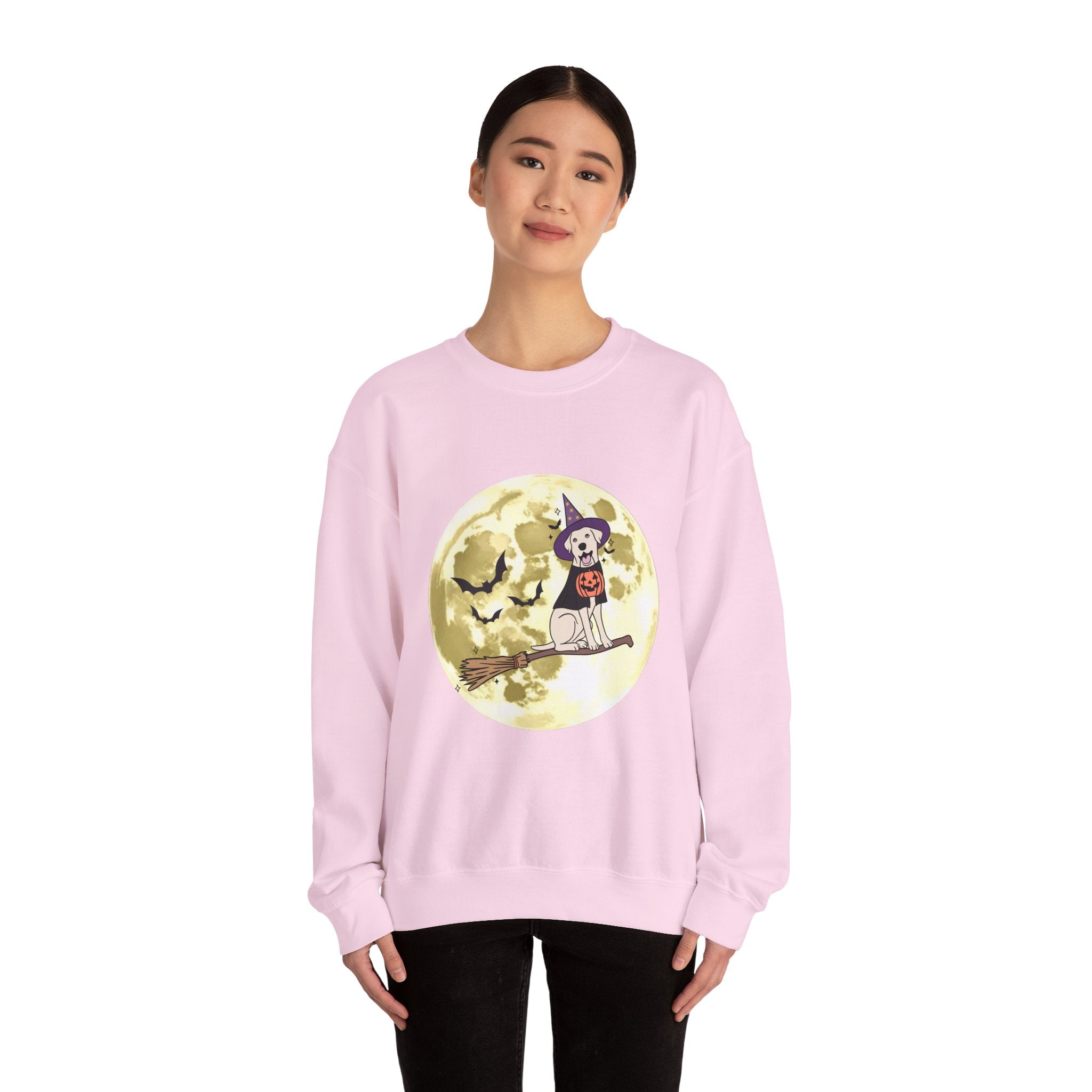 Person wearing a pink sweatshirt with a Halloween-themed design on a white background