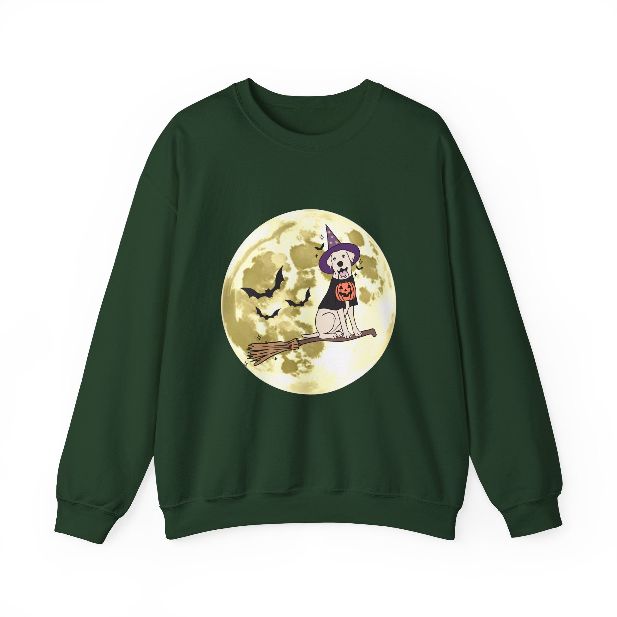 Forest green sweatshirt with Halloween-themed design on a white background
