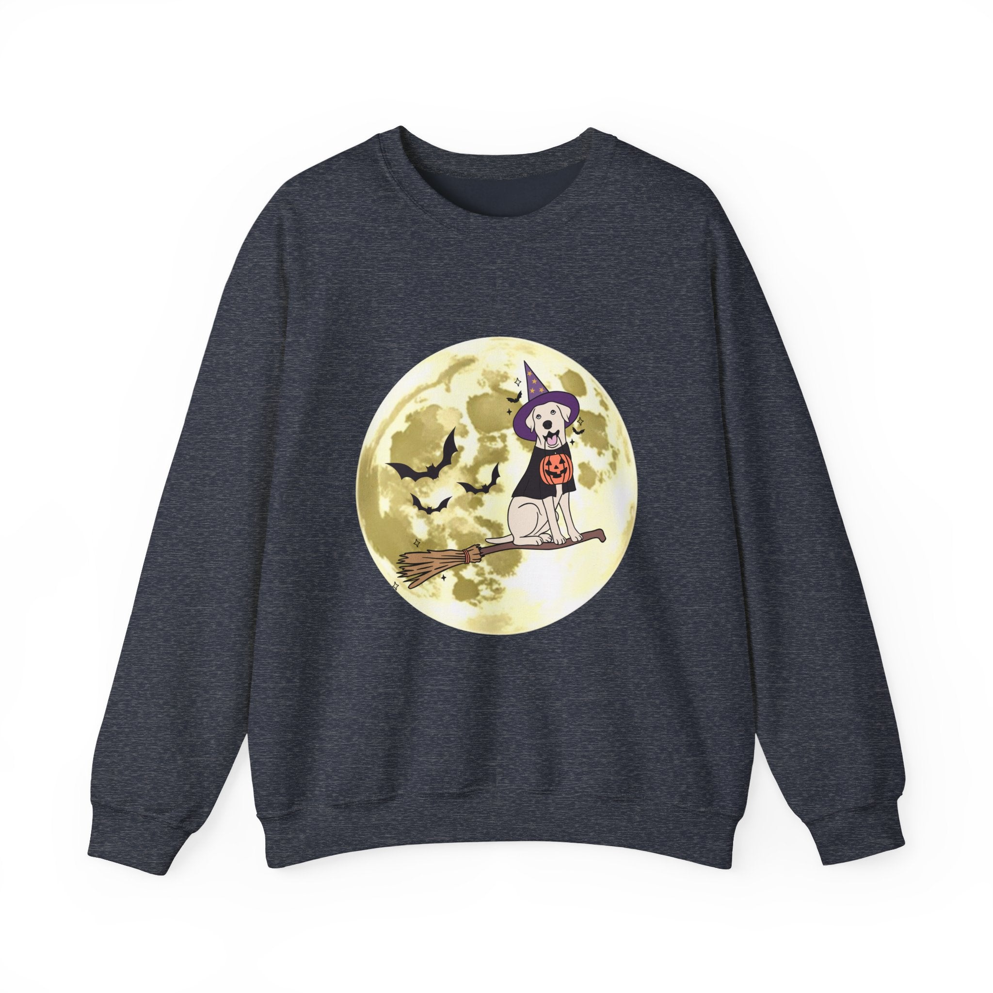 Heather sport dark navy sweatshirt with Halloween-themed graphic on a white background