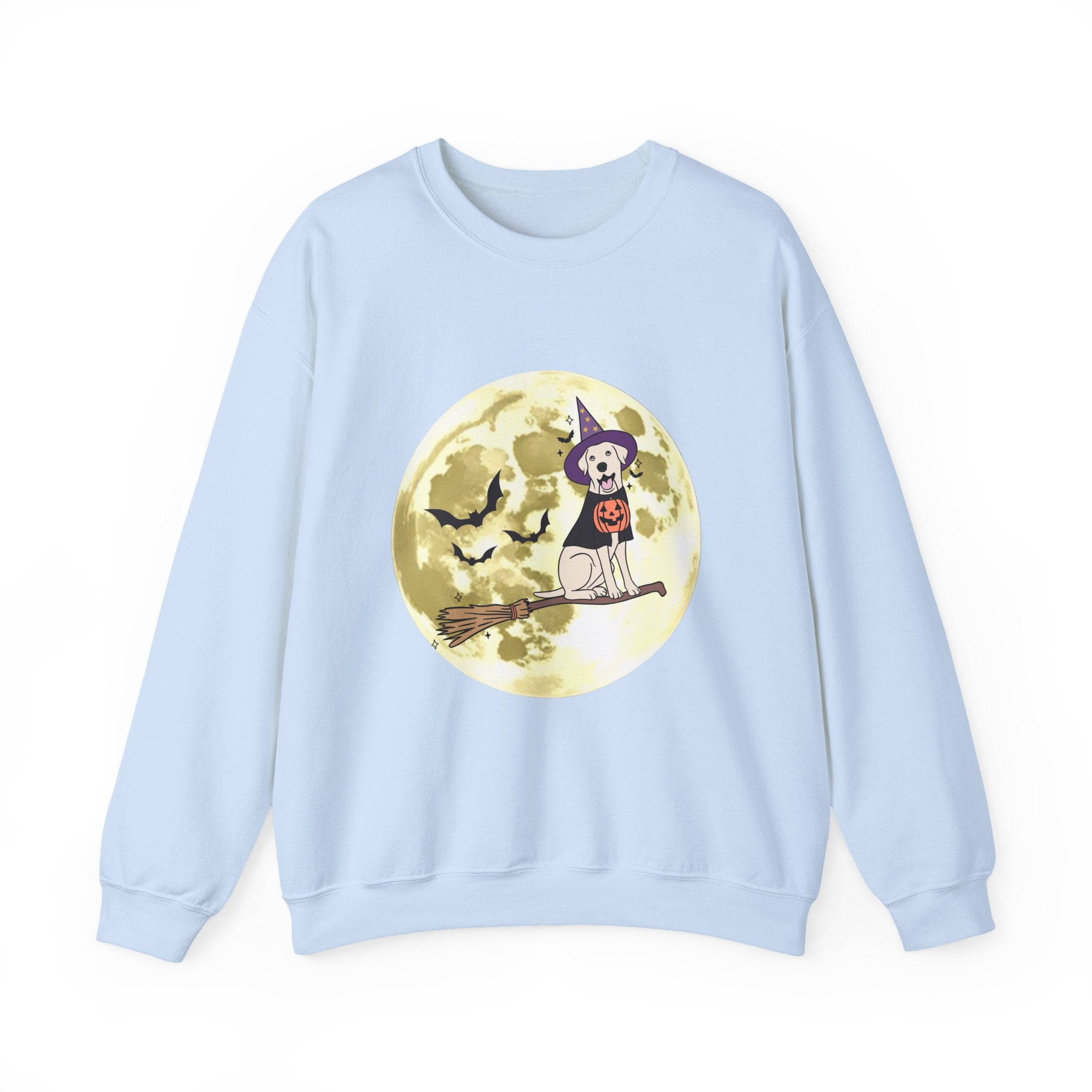 Light blue sweatshirt with Halloween-themed design on a white background