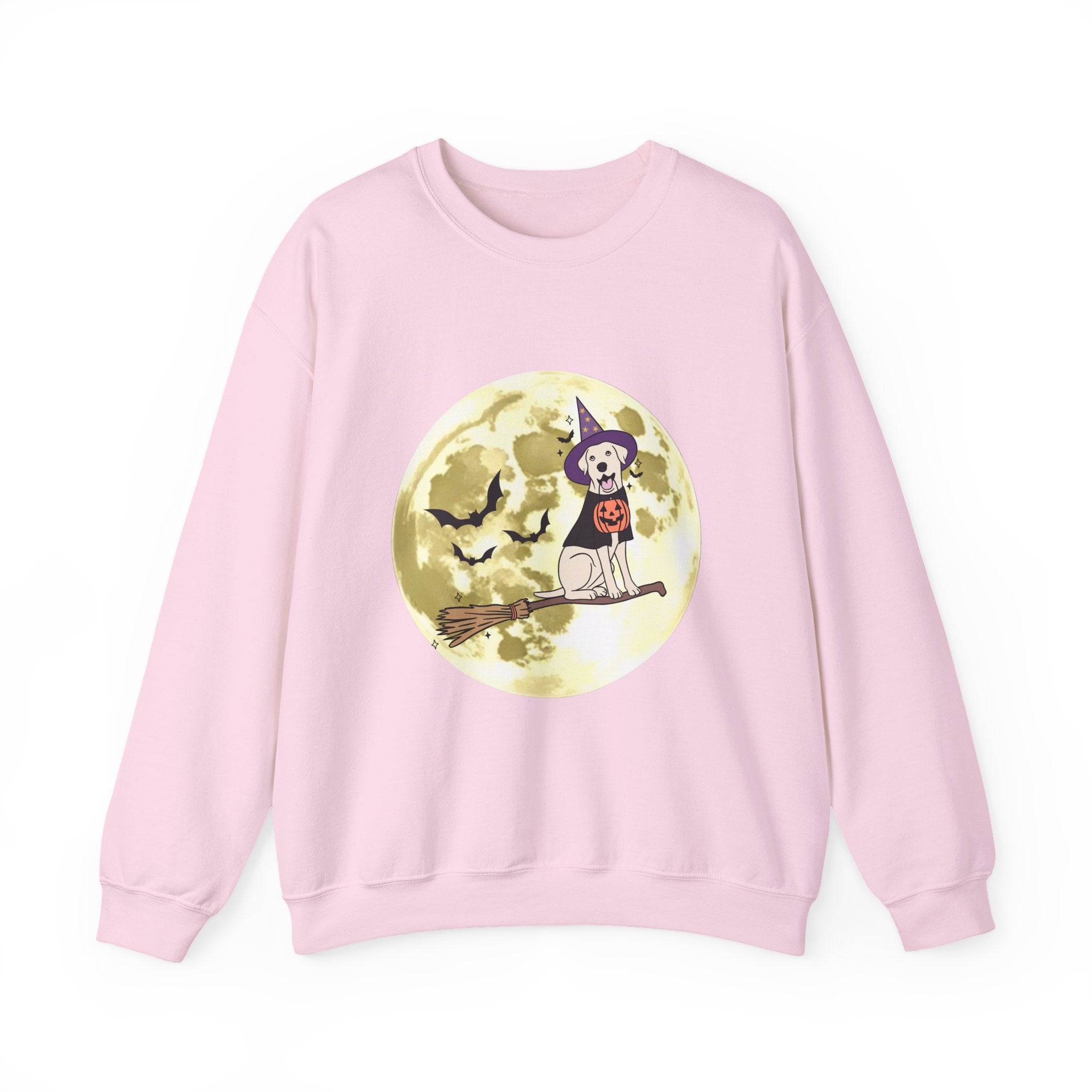 Pink sweatshirt with Halloween-themed graphic on a white background