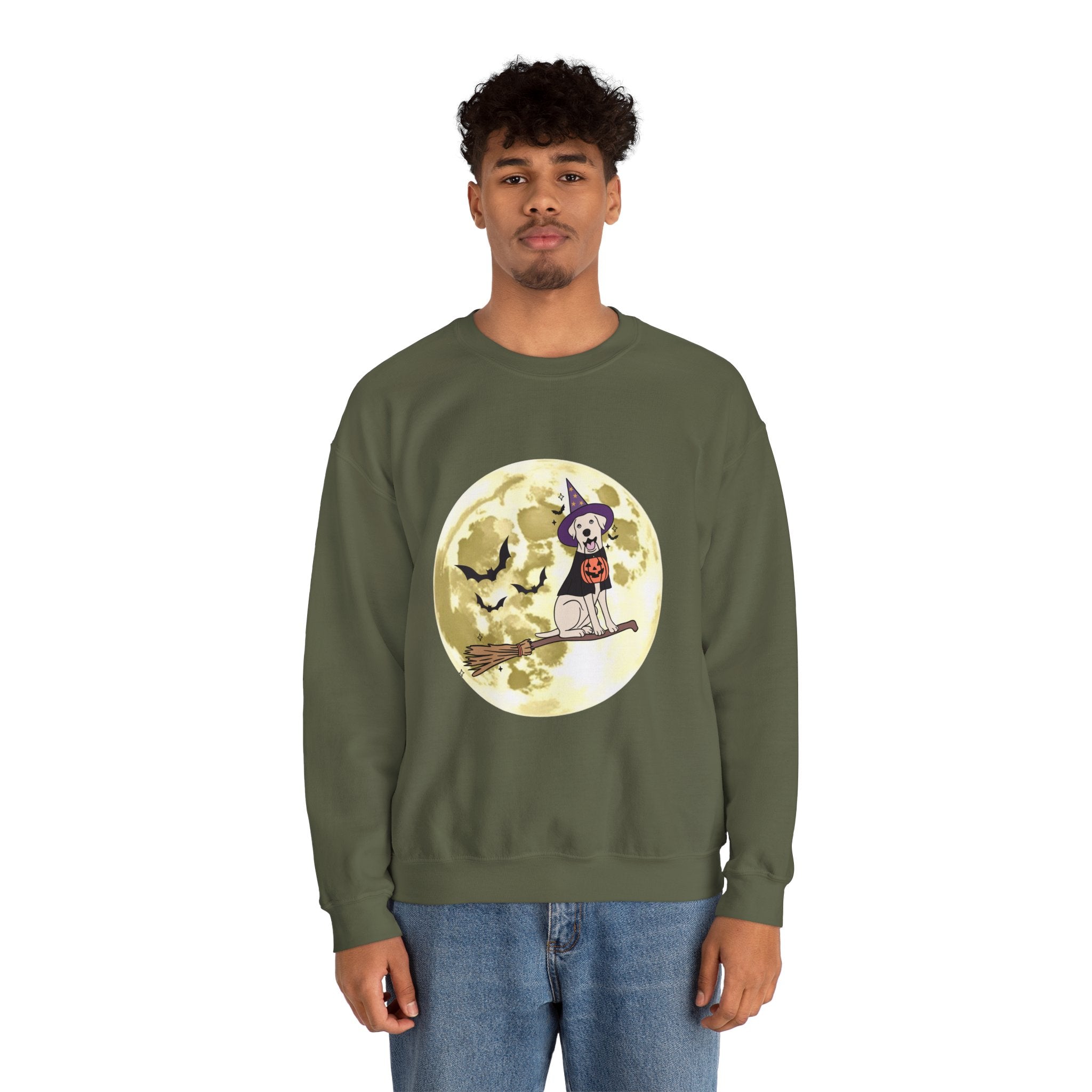 Person wearing a green sweatshirt with a Halloween design on a white background