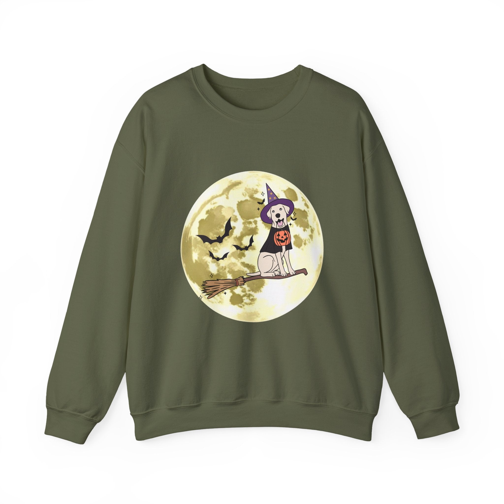 Military green sweatshirt with Halloween-themed design featuring a dog in a witch costume on a full moon.