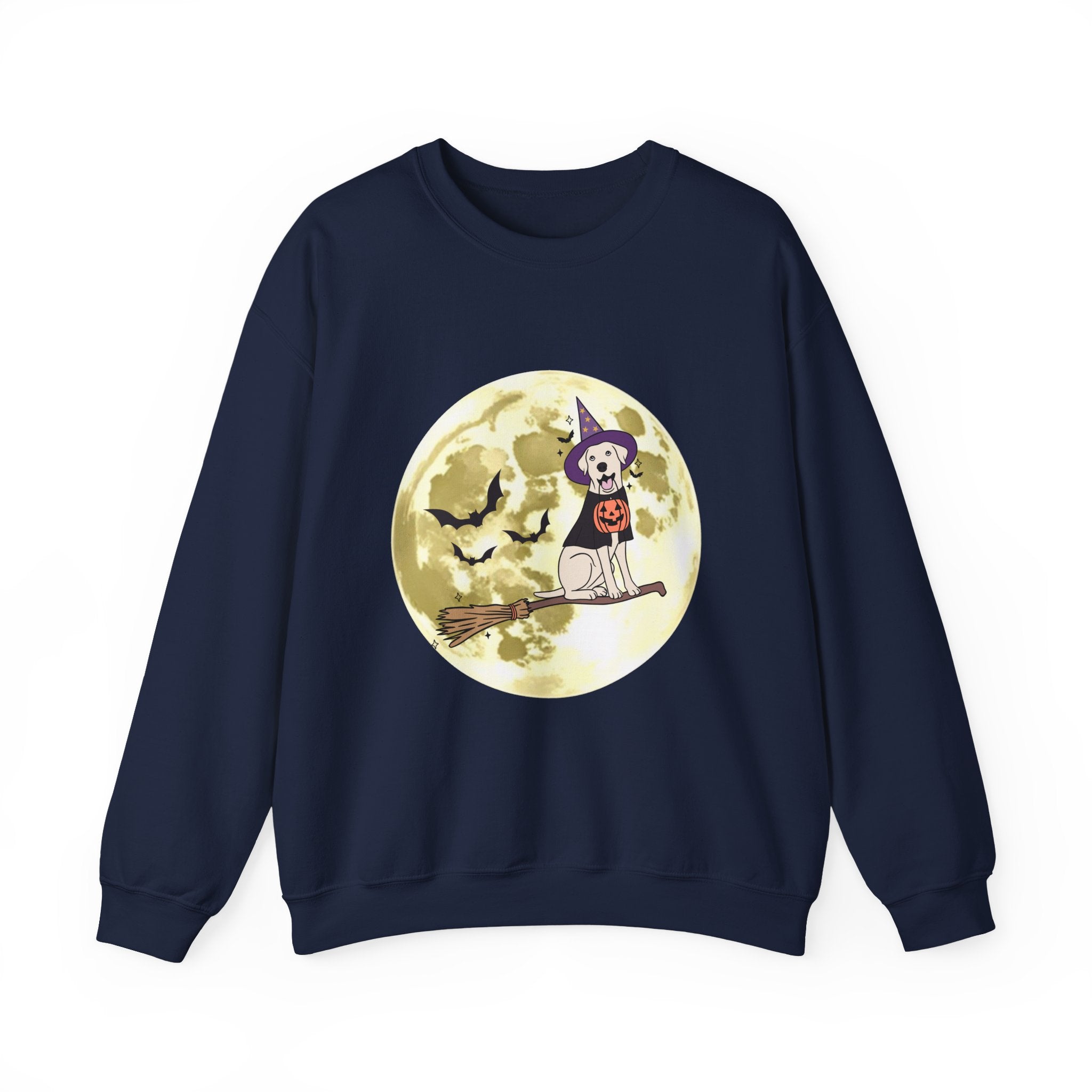 Navy blue sweatshirt with Halloween design featuring a dog in a witch hat and broomstick in front of a full moon.