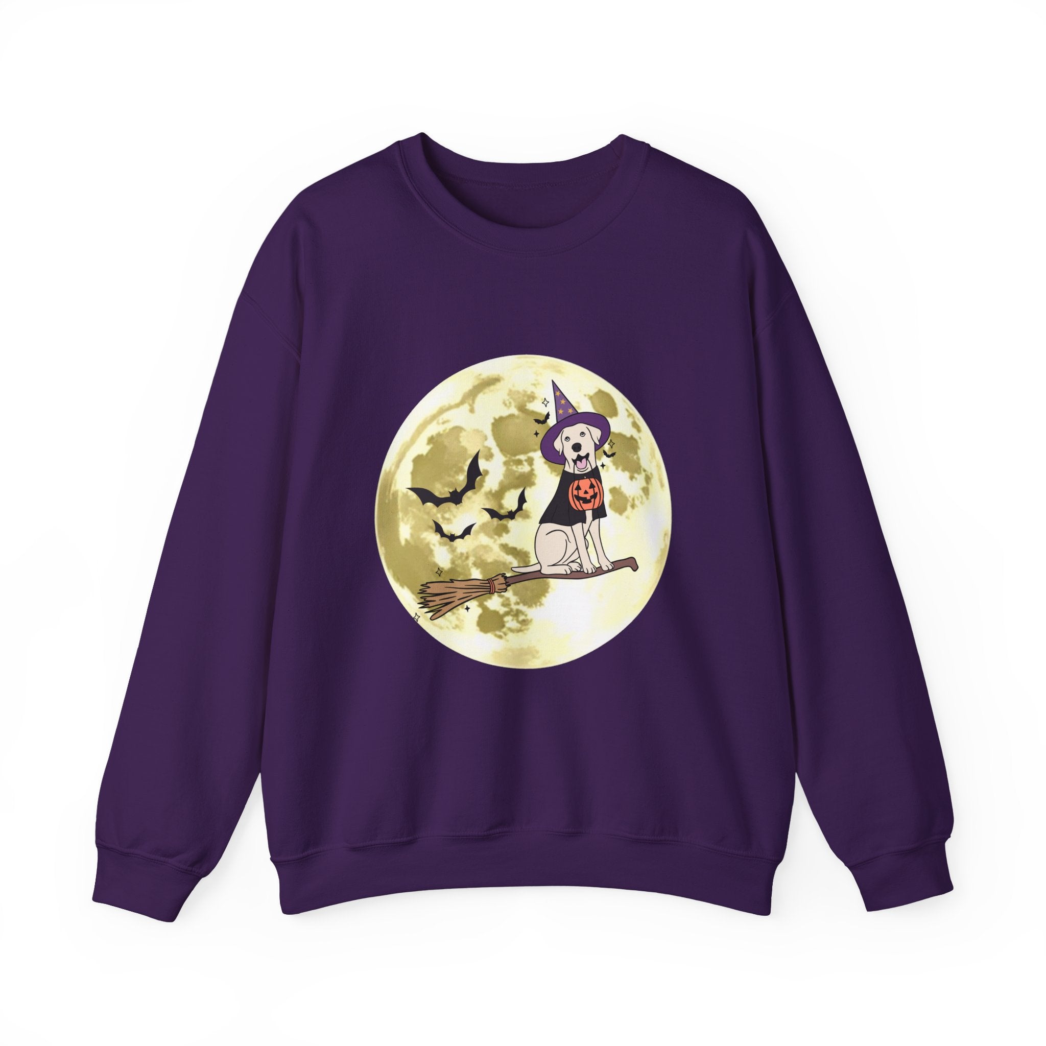 Purple sweatshirt with Halloween-themed design on a white background