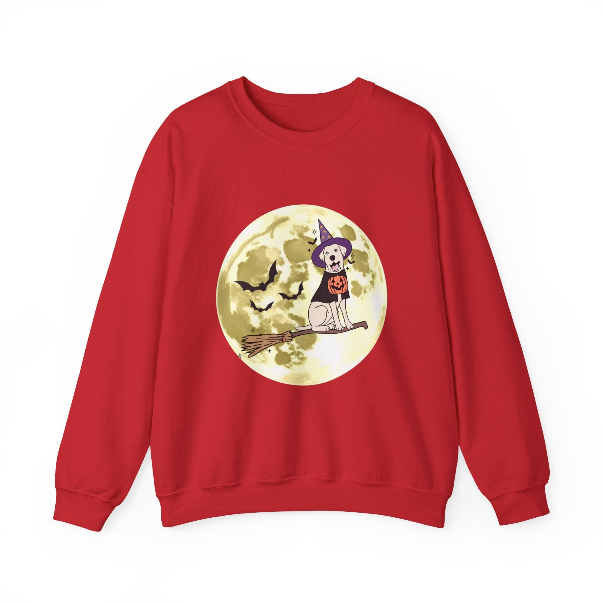 Red sweatshirt with Halloween-themed graphic on a white background