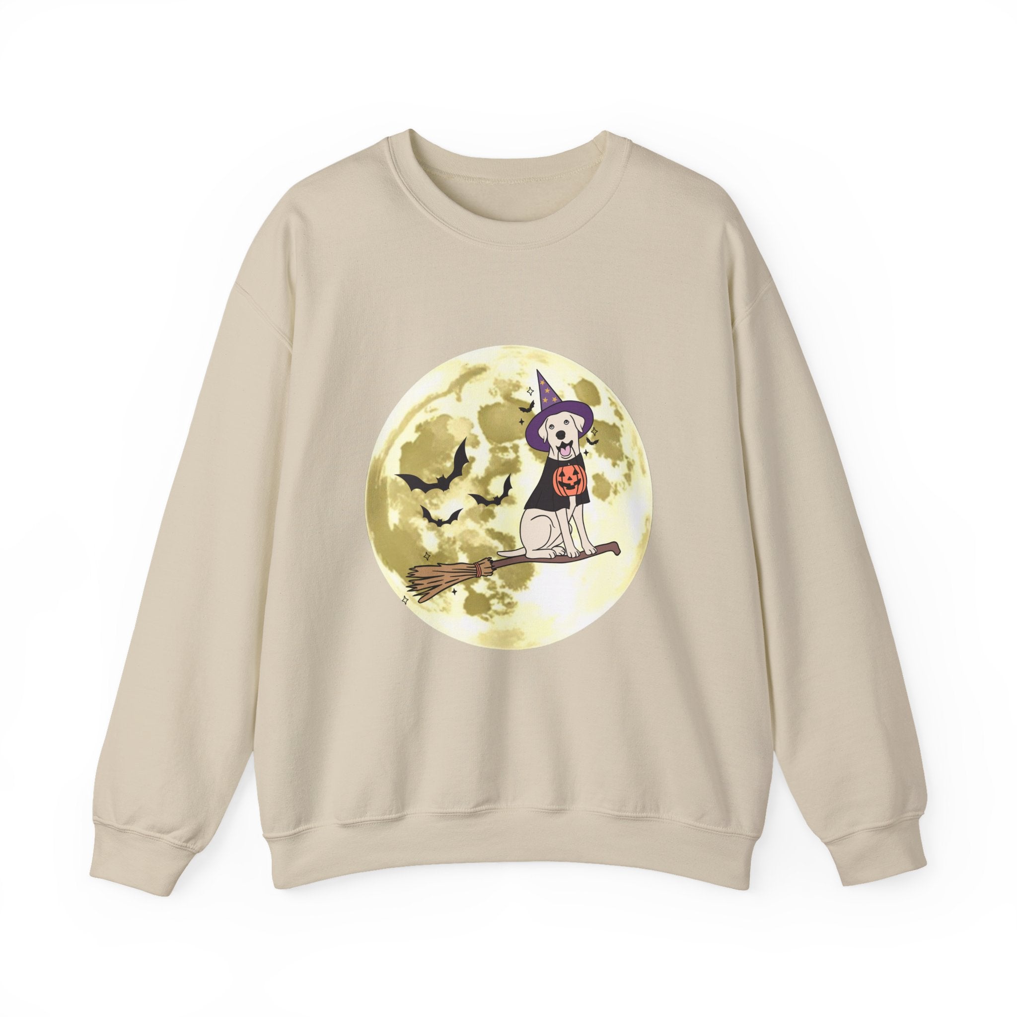 Beige sweatshirt with Halloween-themed graphic on a white background
