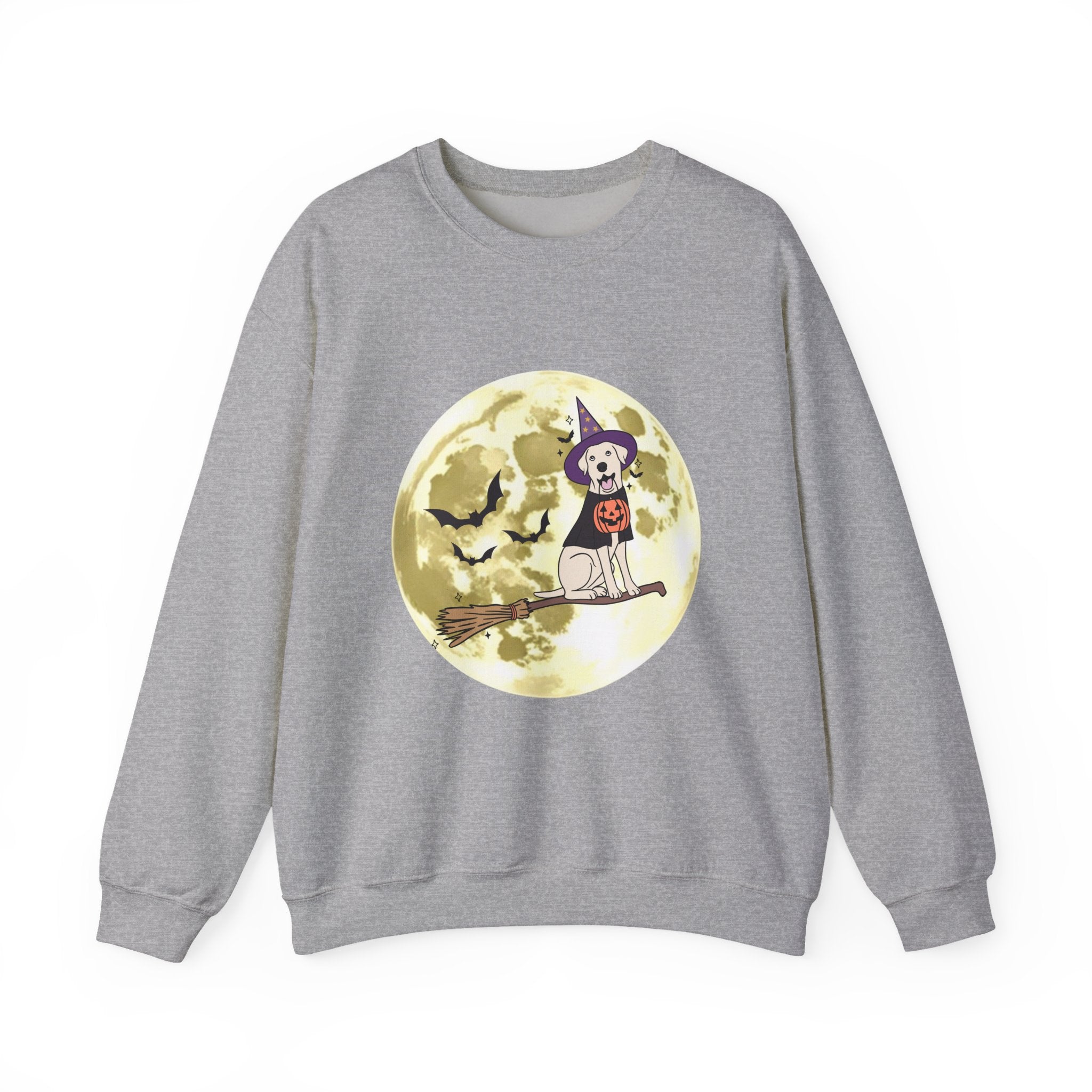 Gray sweatshirt with Halloween-themed graphic on a white background