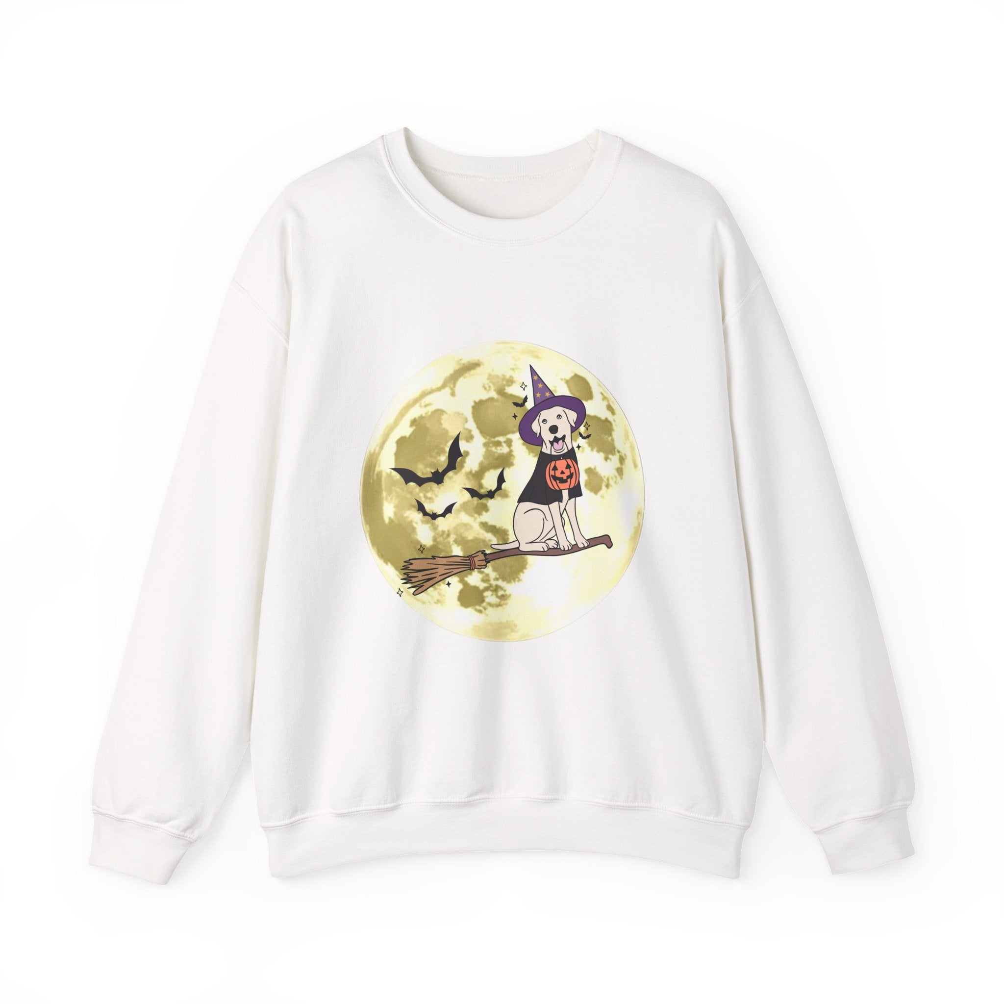 White sweatshirt with Halloween-themed graphic on a white background
