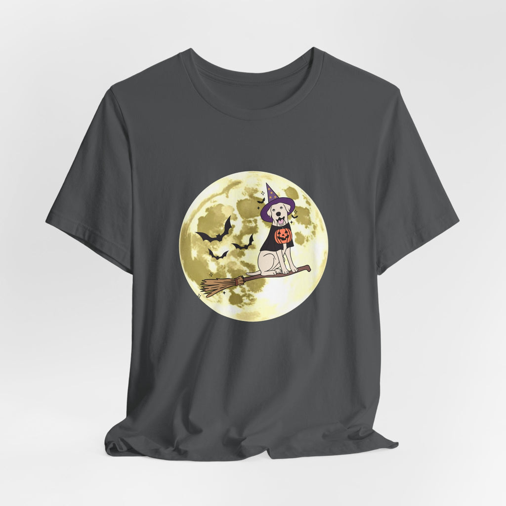 Asphalt gray t-shirt with Halloween design featuring bats and a dog in a witch hat and pumpkin on a broomstick against a moonlit sky.