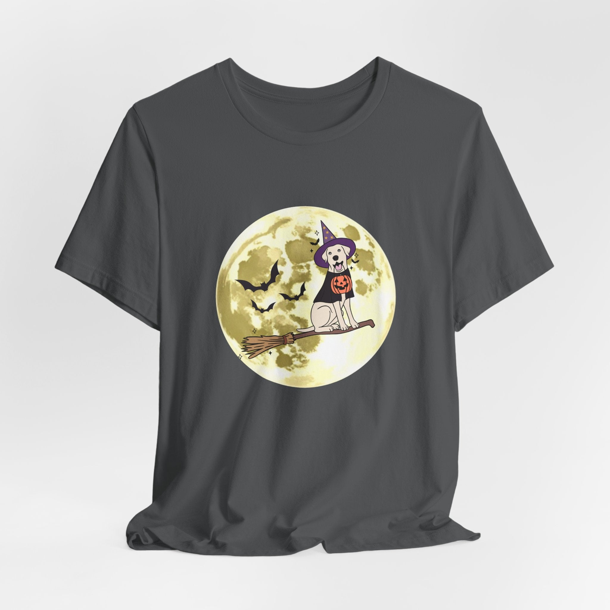 Asphalt gray t-shirt with Halloween design featuring bats and a dog in a witch hat and pumpkin on a broomstick against a moonlit sky.