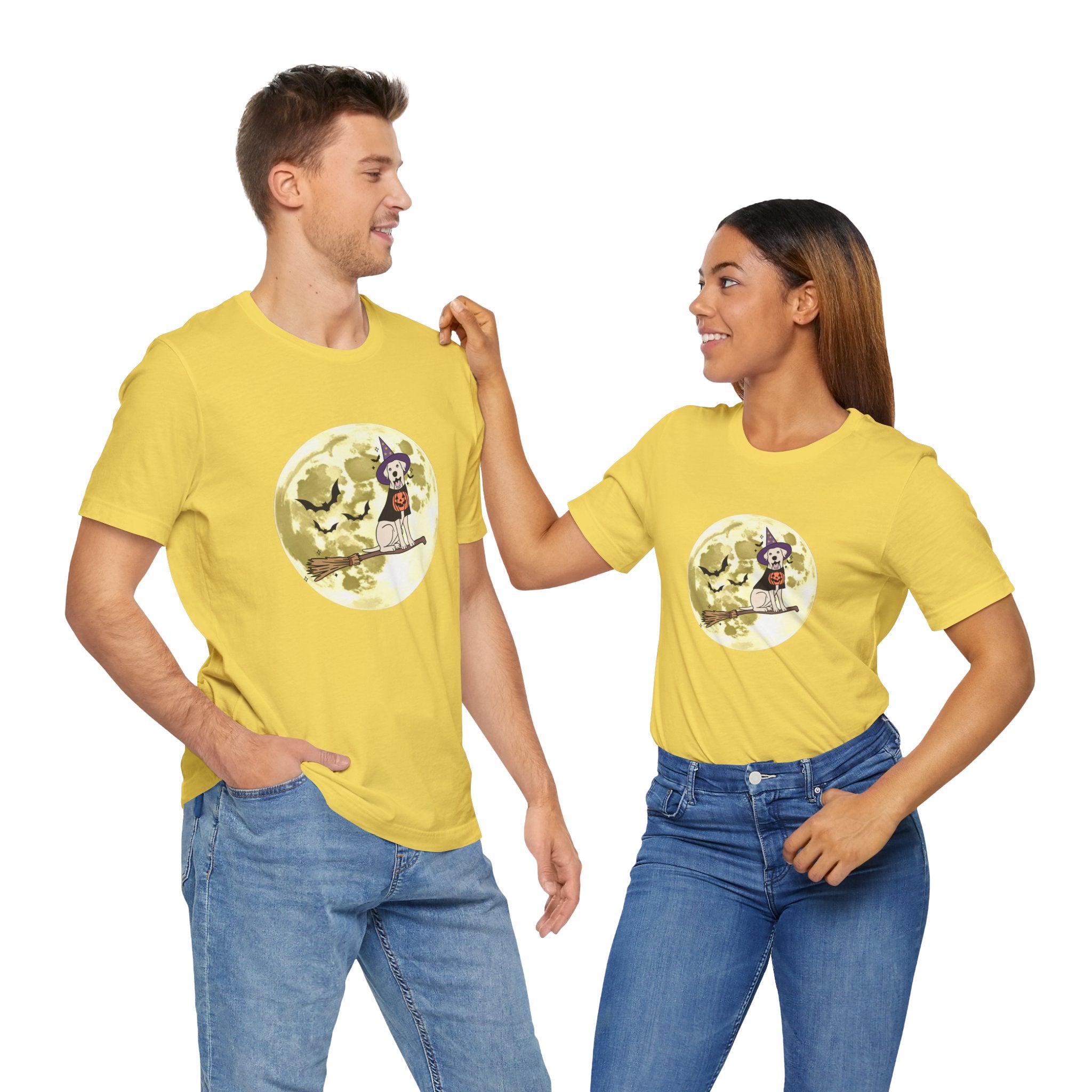 Two people wearing yellow t-shirts with a graphic design on a white background