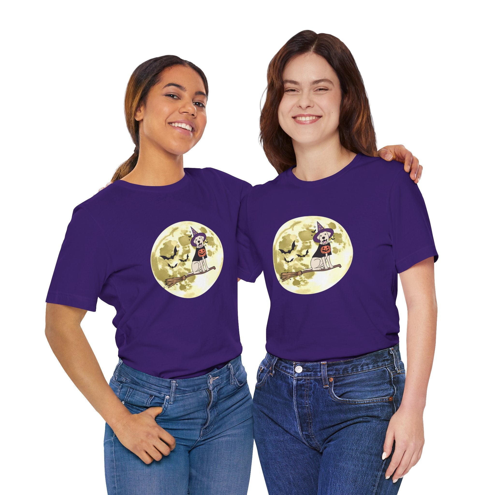 Two people wearing purple t-shirts with a Halloween design on a white background