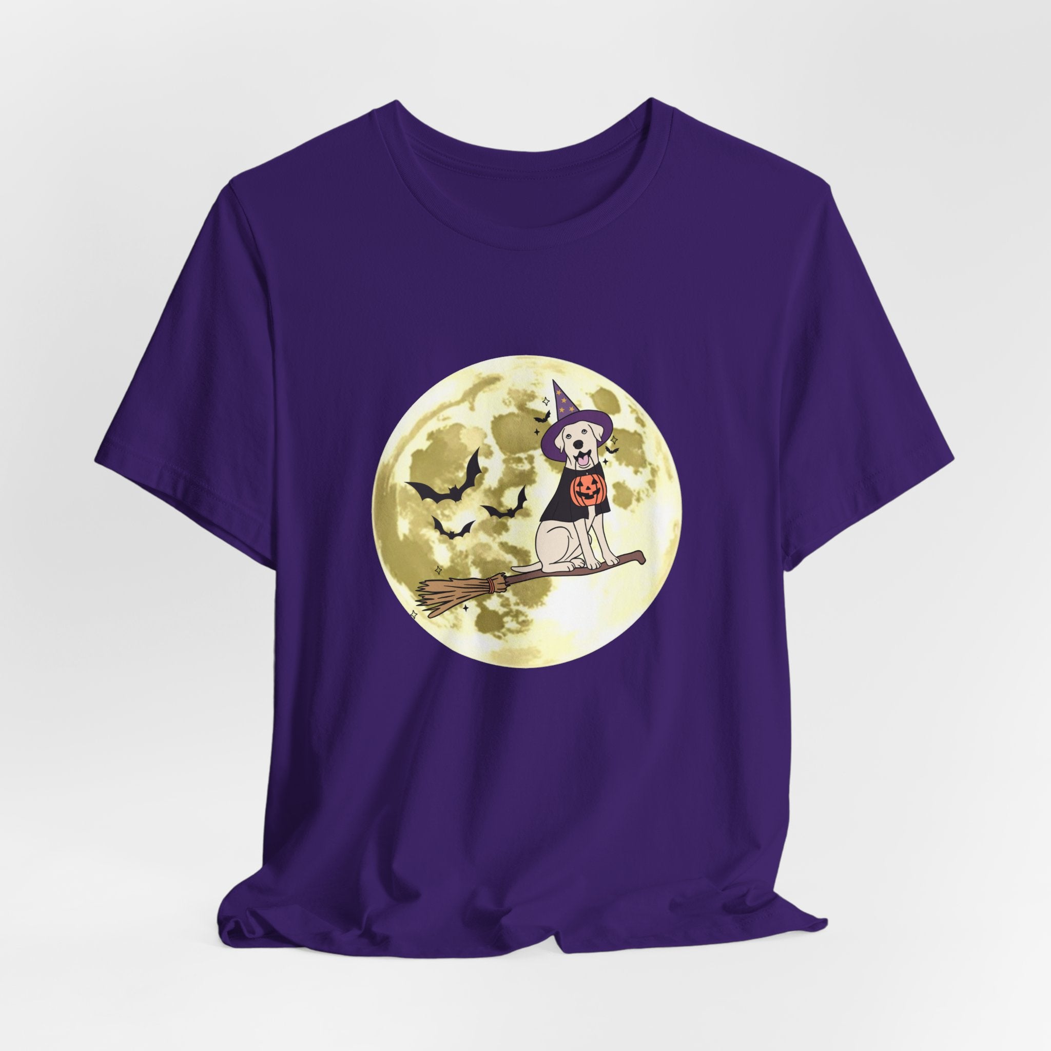 Purple t-shirt with Halloween design featuring bats and a dog in a witch hat and pumpkin on a broomstick against a moonlit sky.
